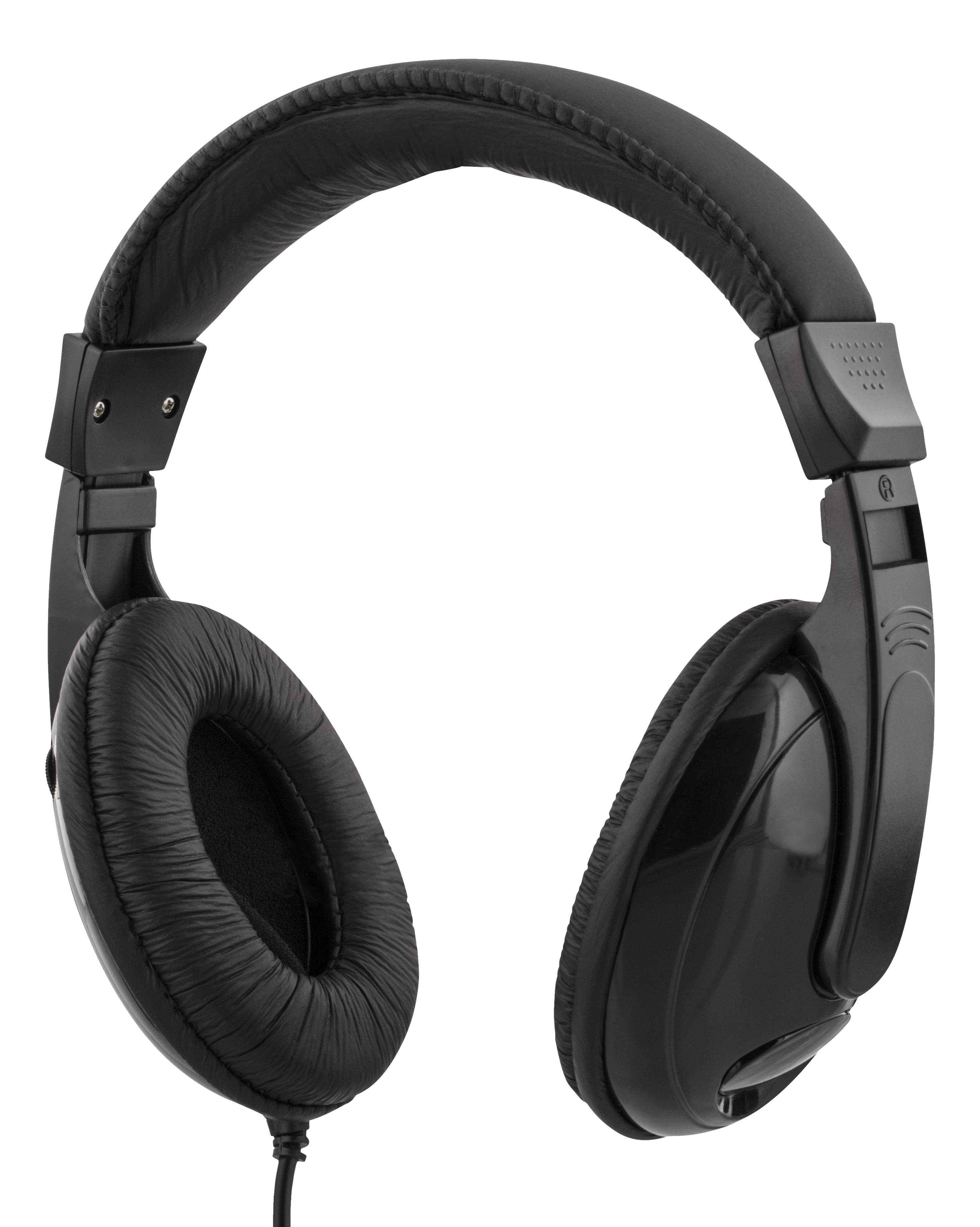 Un paio di cuffie nere su sfondo bianco. Le cuffie hanno grandi padiglioni auricolari e un archetto imbottito.