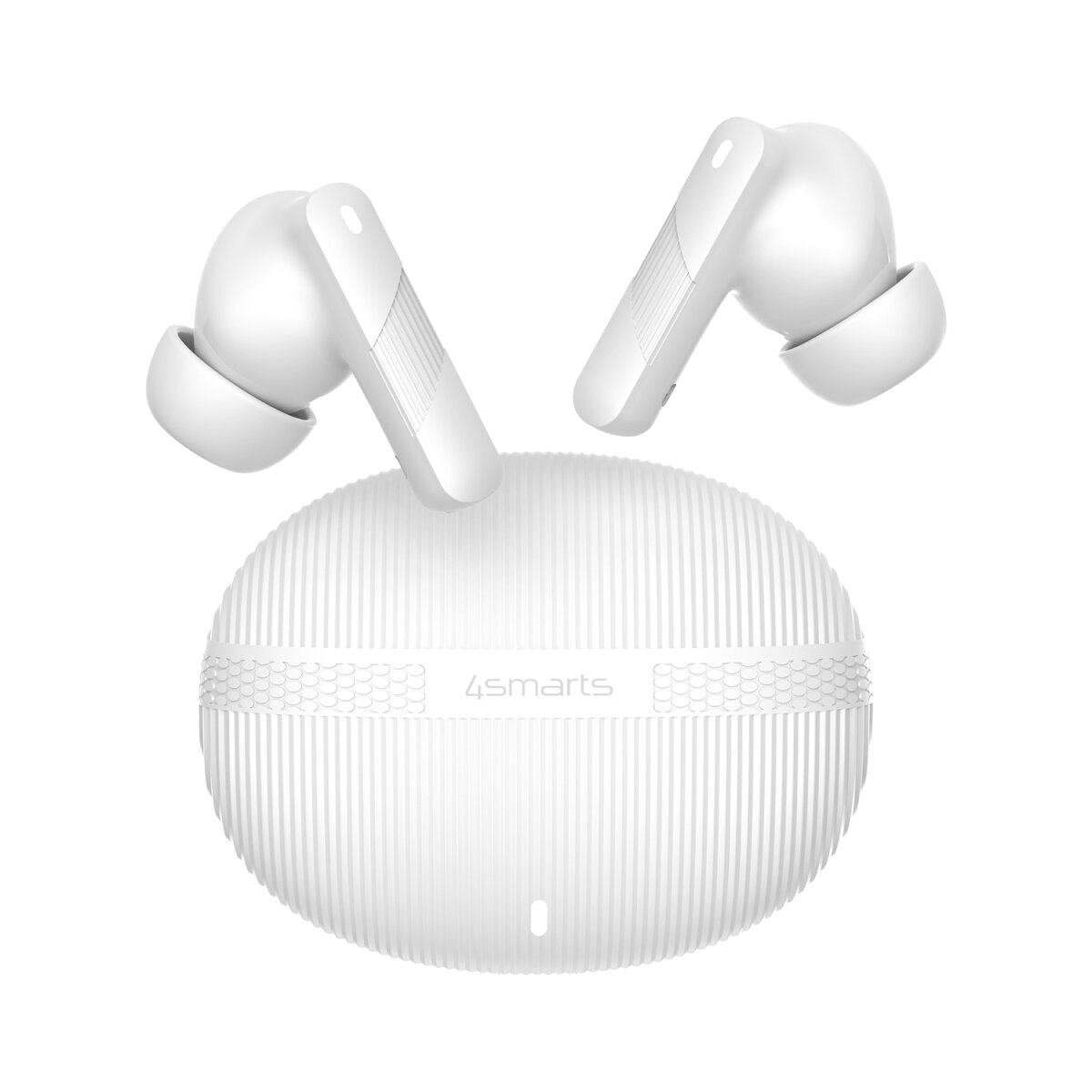 White wireless earbuds with charging case. The case has vertical lines and the brand name 4smarts.