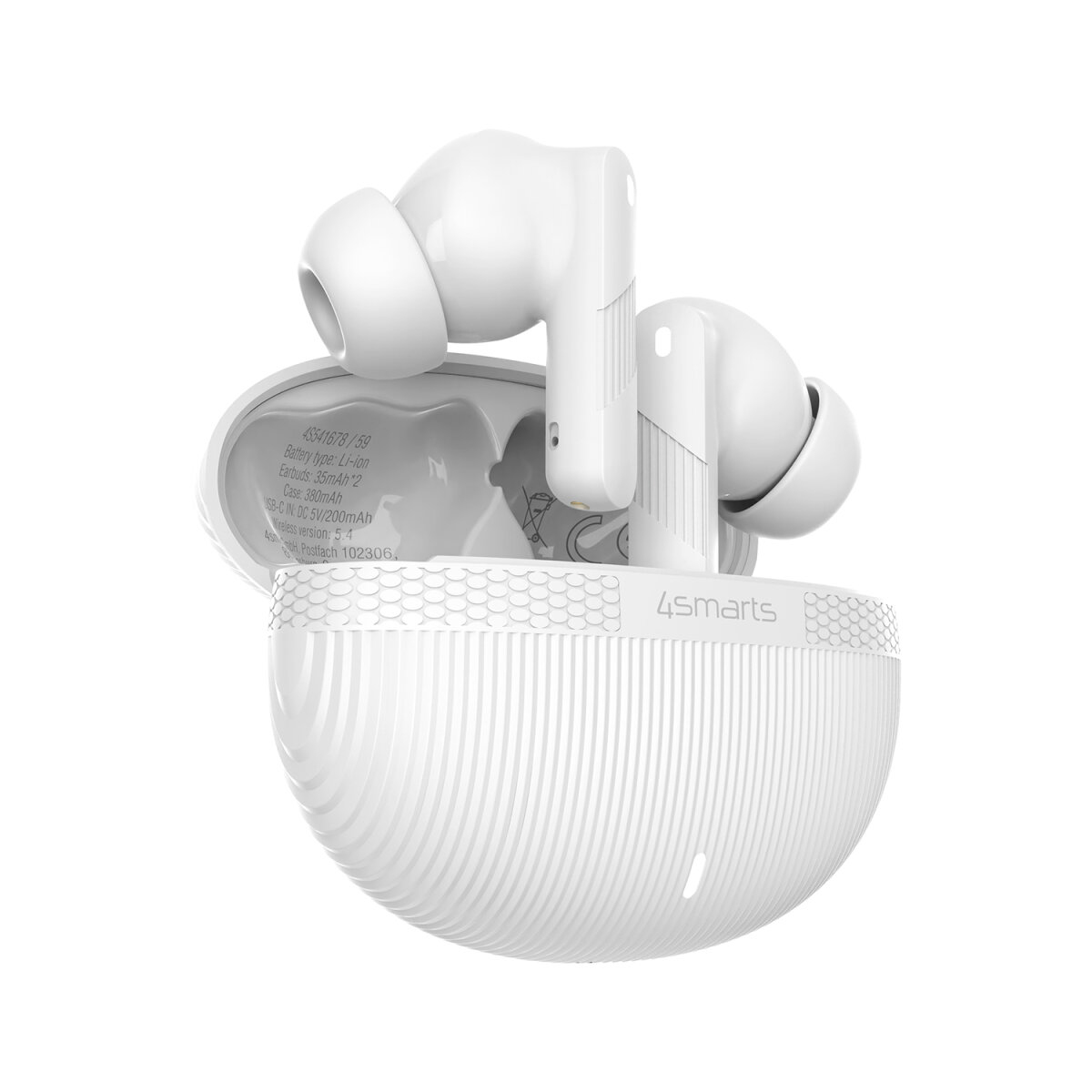 White wireless earbuds in a charging case. The case is open, showing the earbuds and some specifications.