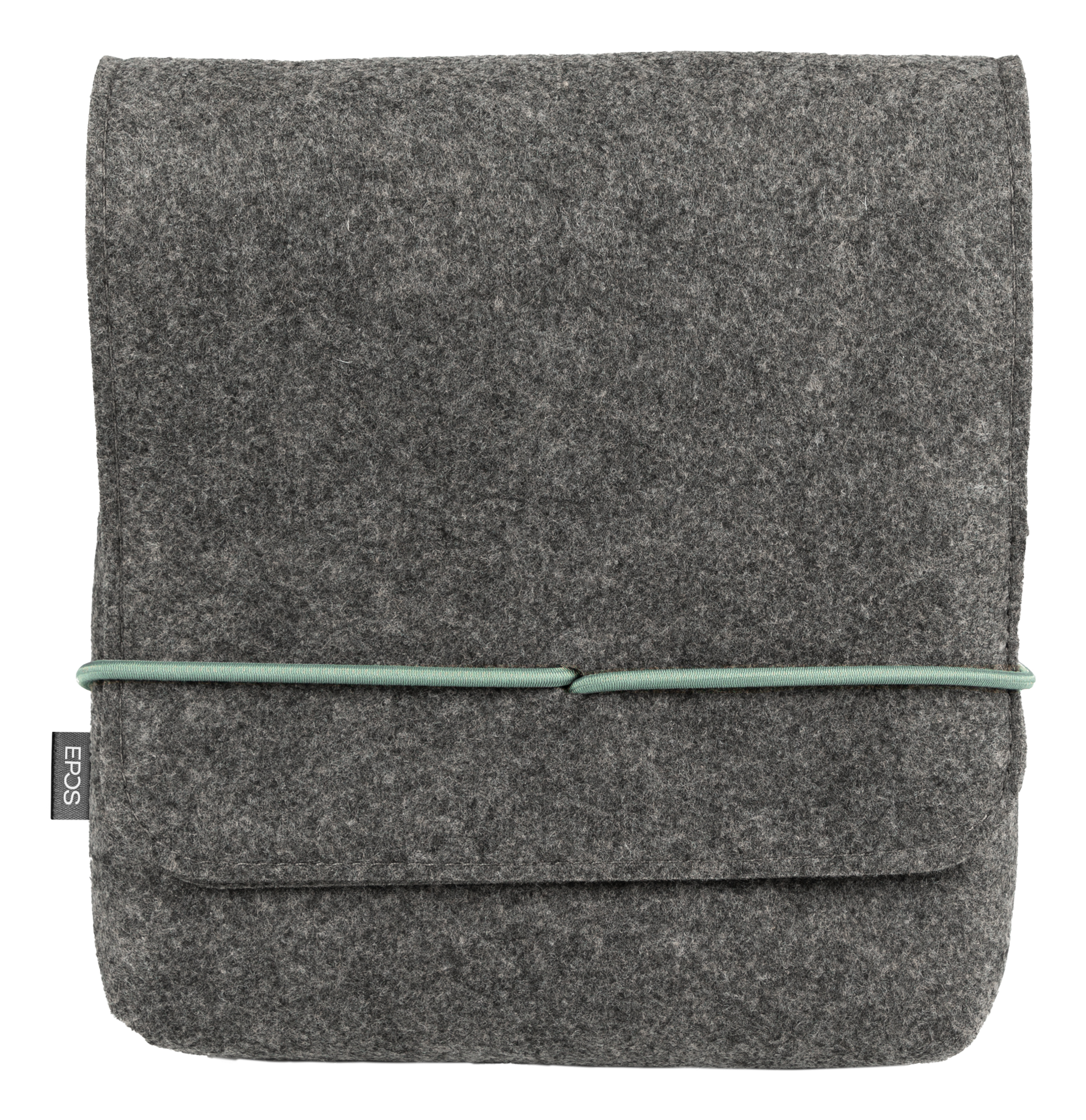 Szare etui filcowe z miętową gumką. Etui ma klapę i logo EPOS.