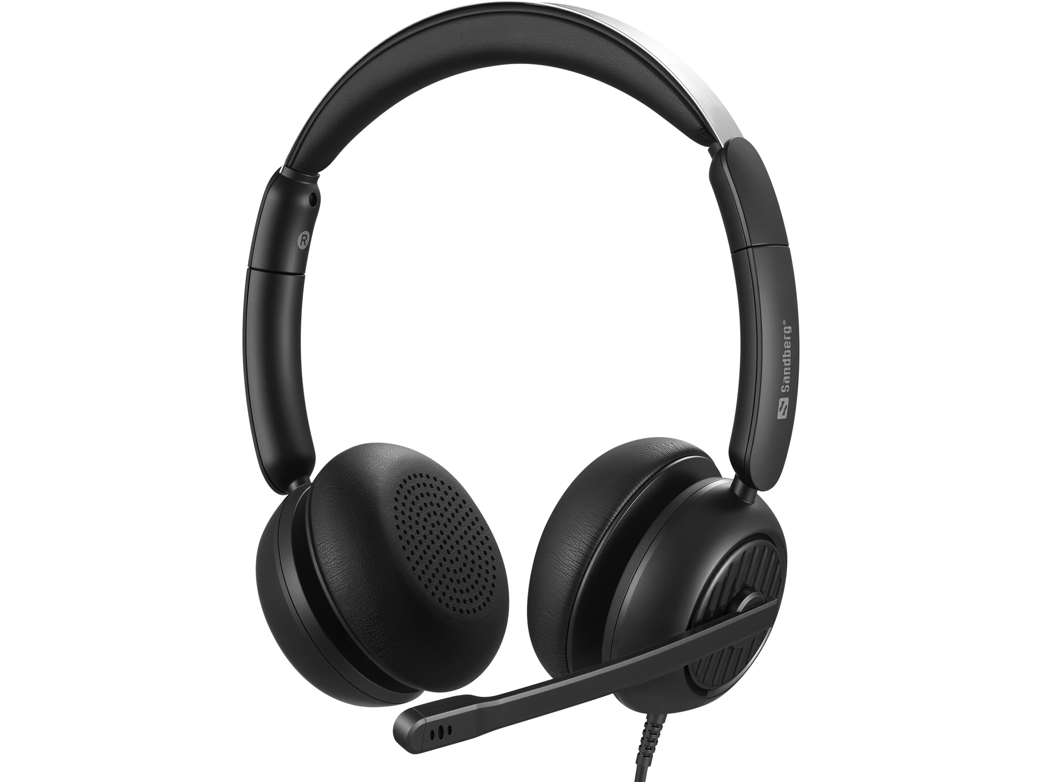 Casque noir avec microphone. Logo Sandberg visible. Le casque a des écouteurs, un serre-tête et un microphone.