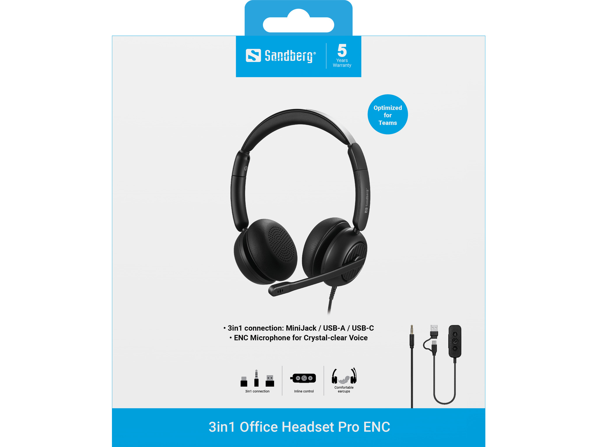 Casque Sandberg noir. Il possède un microphone, une commande en ligne et des oreillettes confortables. Optimisé pour Teams.
