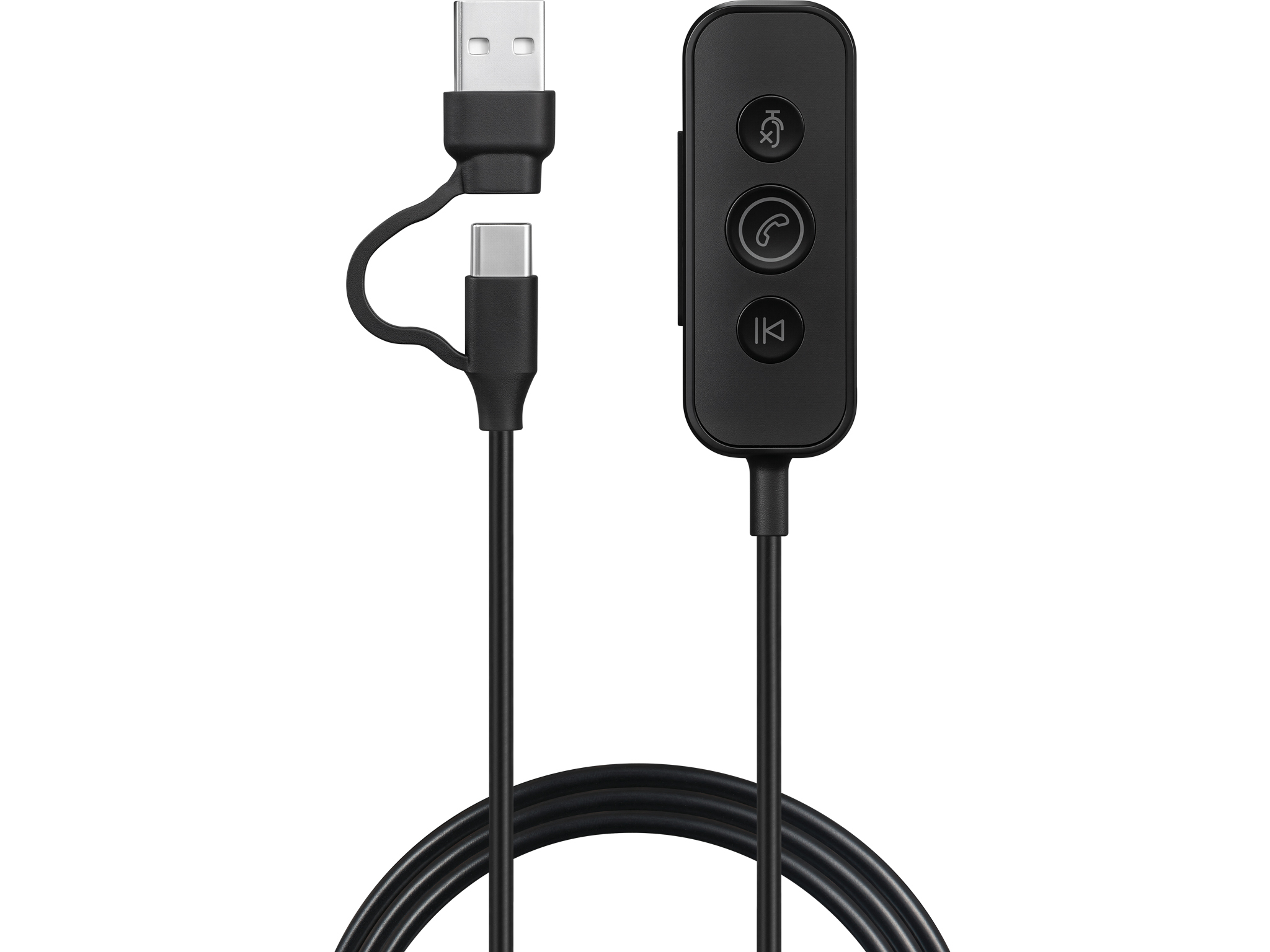 Un appareil noir avec trois boutons et un câble de charge avec connecteurs USB et USB-C.