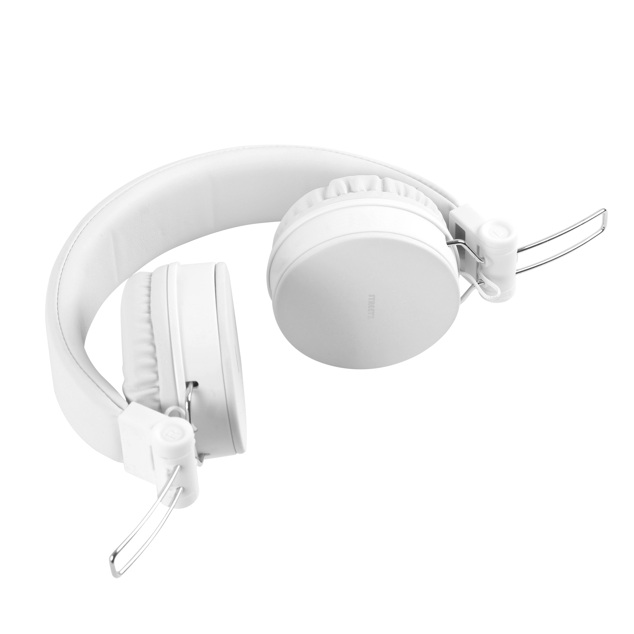 Cuffie bianche su sfondo bianco. Le cuffie sono piegate. Il marchio è visibile su un padiglione.