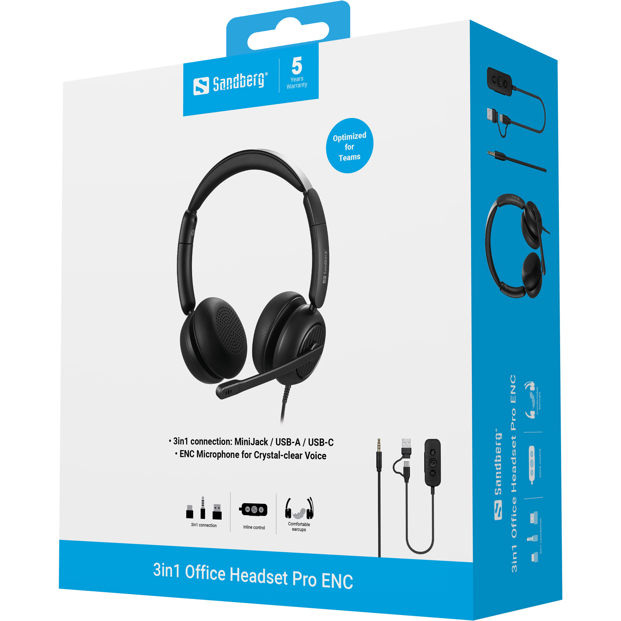 Une boîte avec un casque noir. Le texte sur la boîte comprend 'Sandberg', '5 ans de garantie' et '3in1 Office Headset Pro ENC'.
