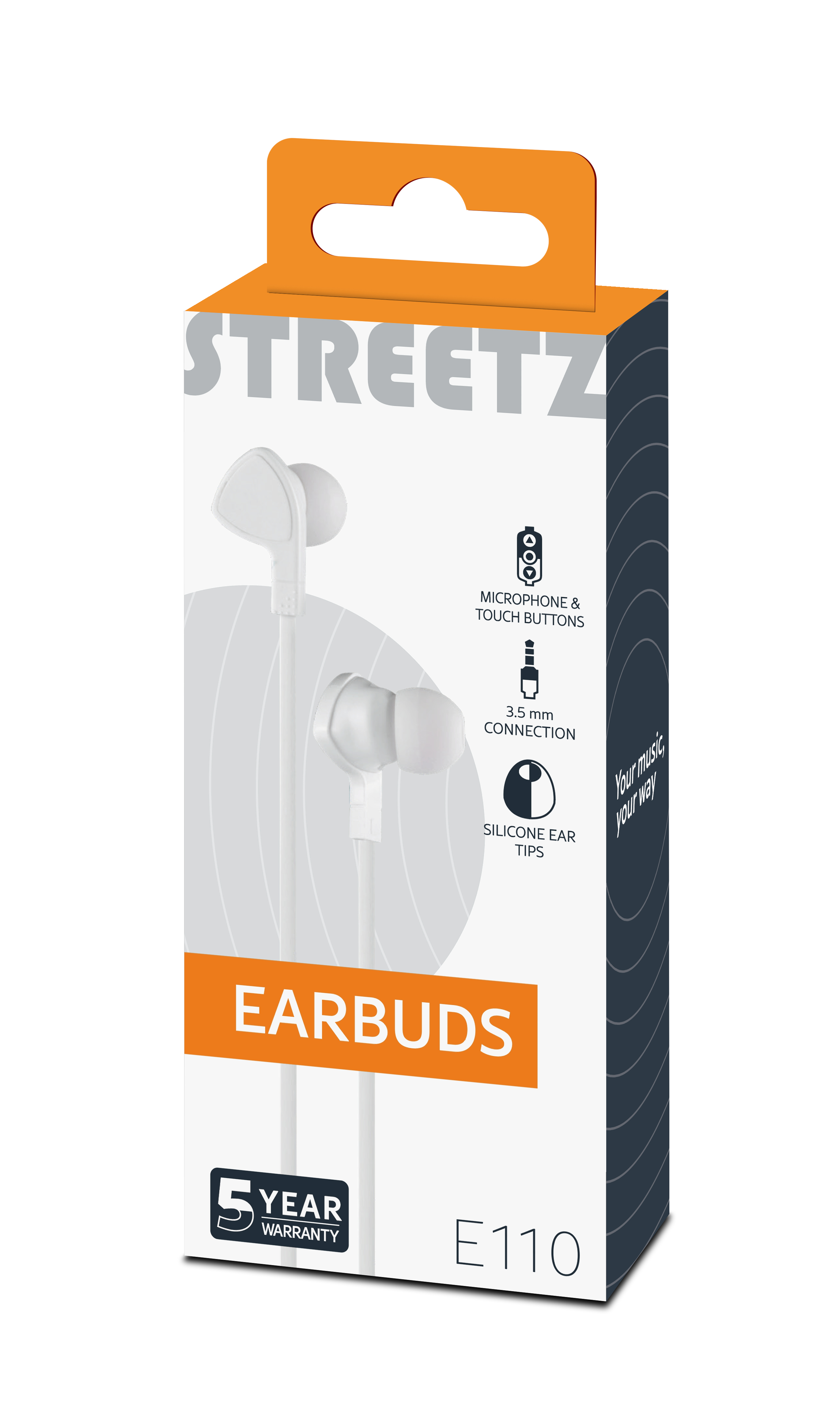 Scatola per auricolari. Auricolari bianchi esposti sulla scatola. Schema di colori arancione e bianco. Testo: Streetz, Earbuds, 5 anni di garanzia, E110.