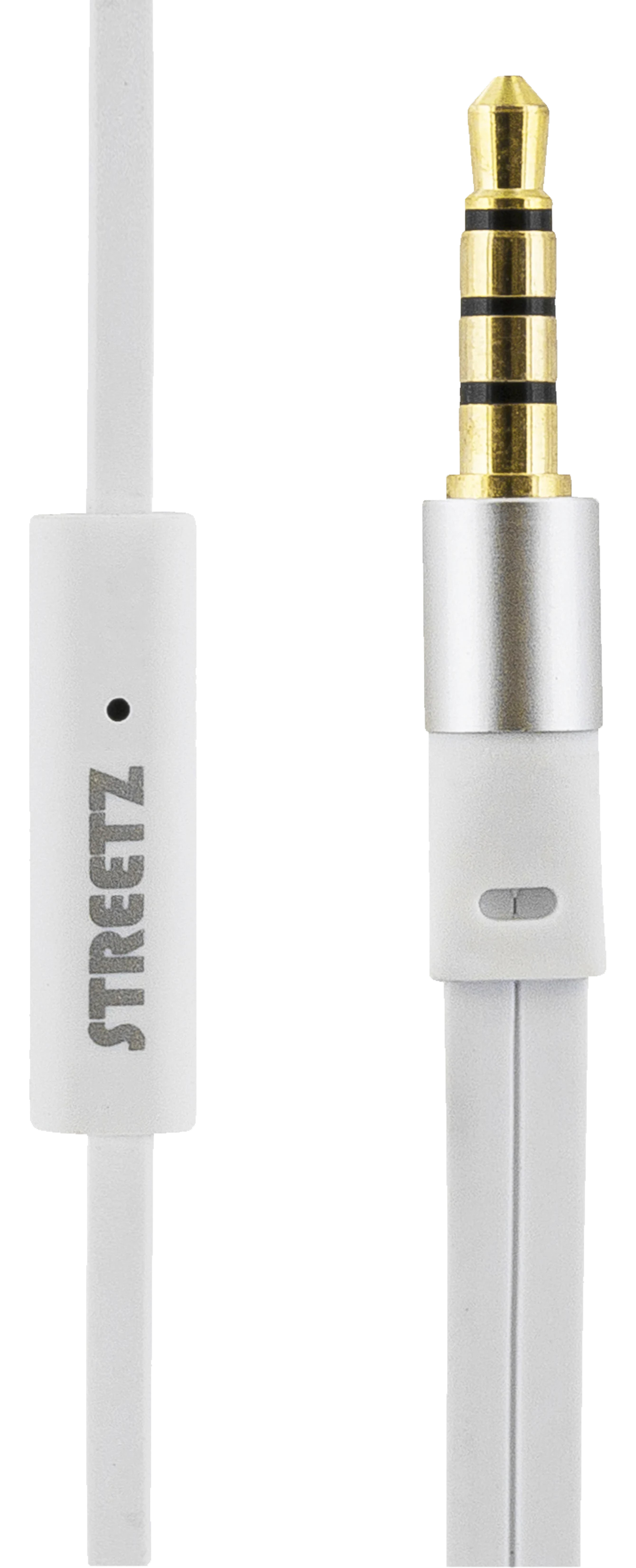 Un cavo audio bianco con connettore dorato e argentato. Il cavo è marchiato con la scritta 'STREETZ'.