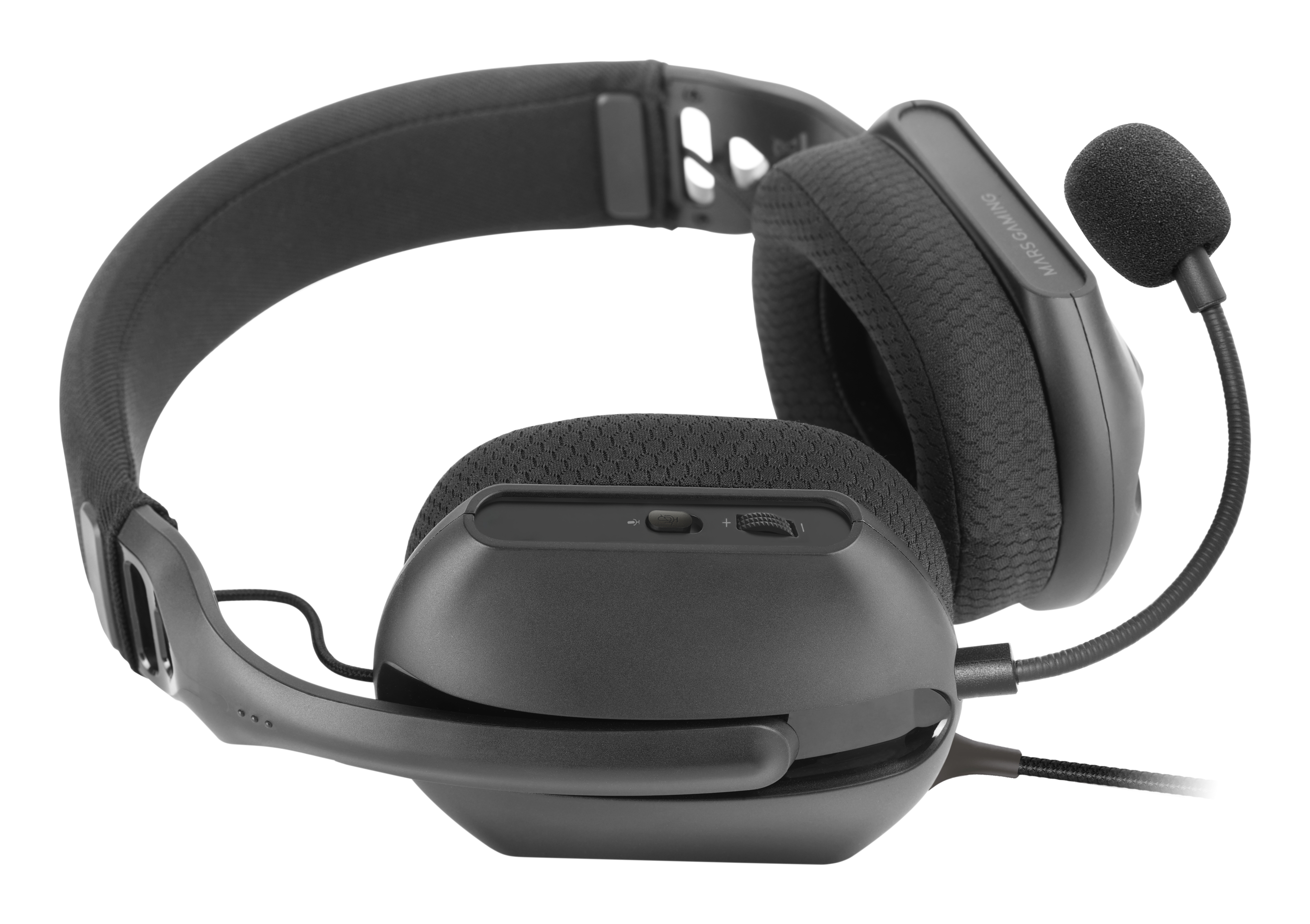 Schwarzes Gaming-Headset mit Mikrofon. Es hat ein gepolstertes Kopfband und Ohrmuscheln.