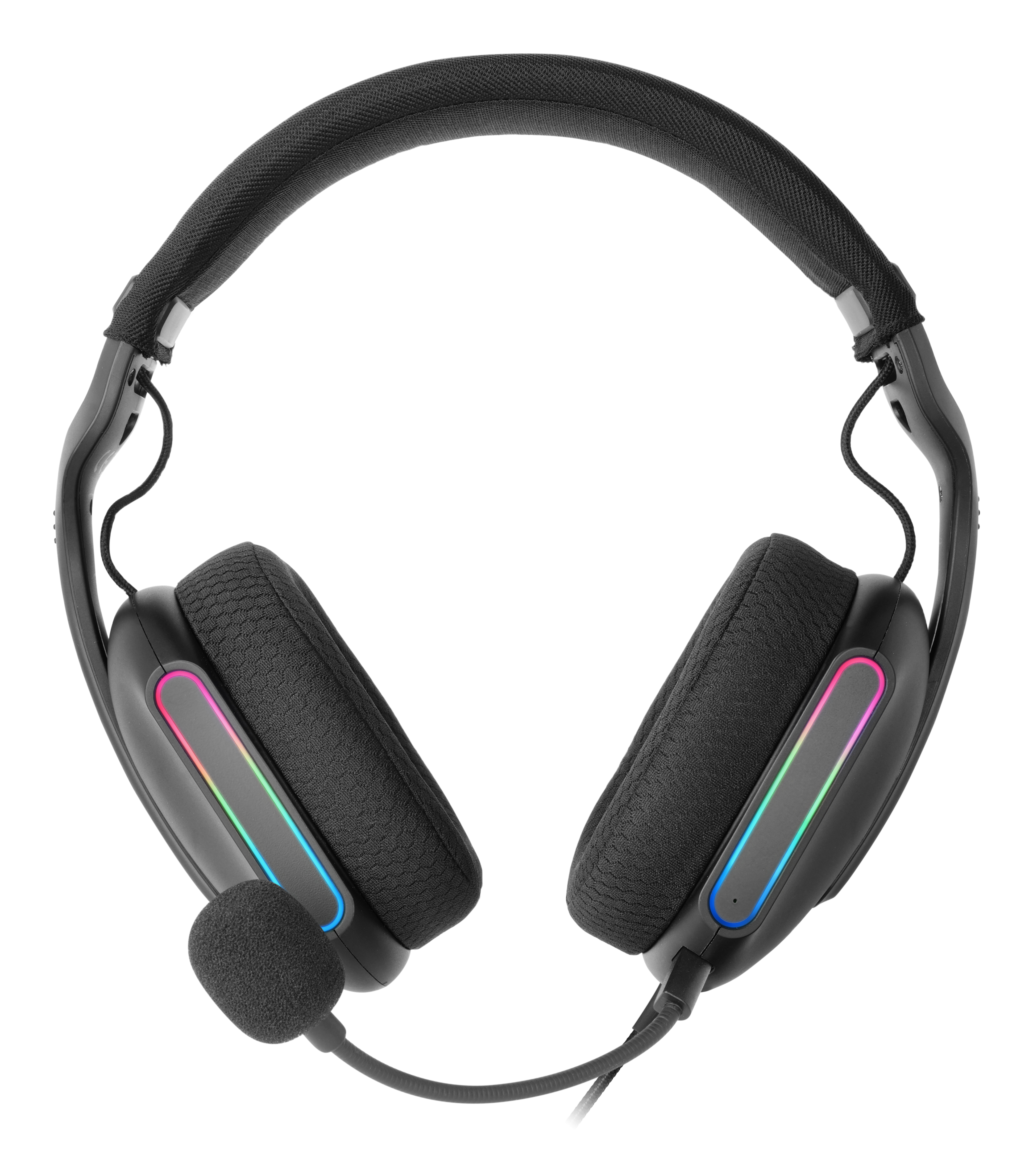 Schwarzes Gaming-Headset mit leuchtenden RGB-Lichtern an den Ohrmuscheln und einem Mikrofon. Vor weißem Hintergrund.
