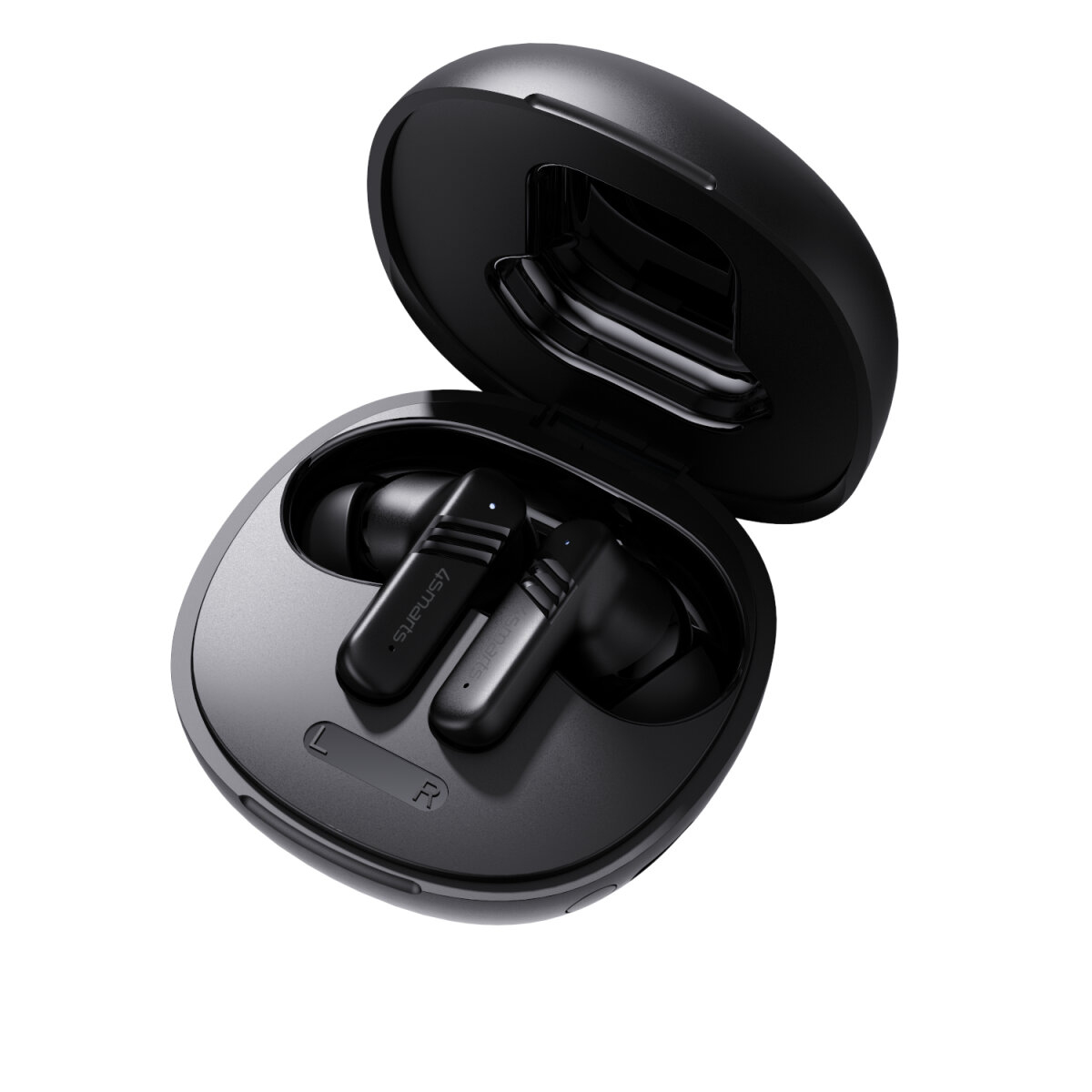 Custodia per auricolari nera aperta con due auricolari neri all'interno. La custodia è aperta, mostrando gli auricolari 'L' e 'R'.