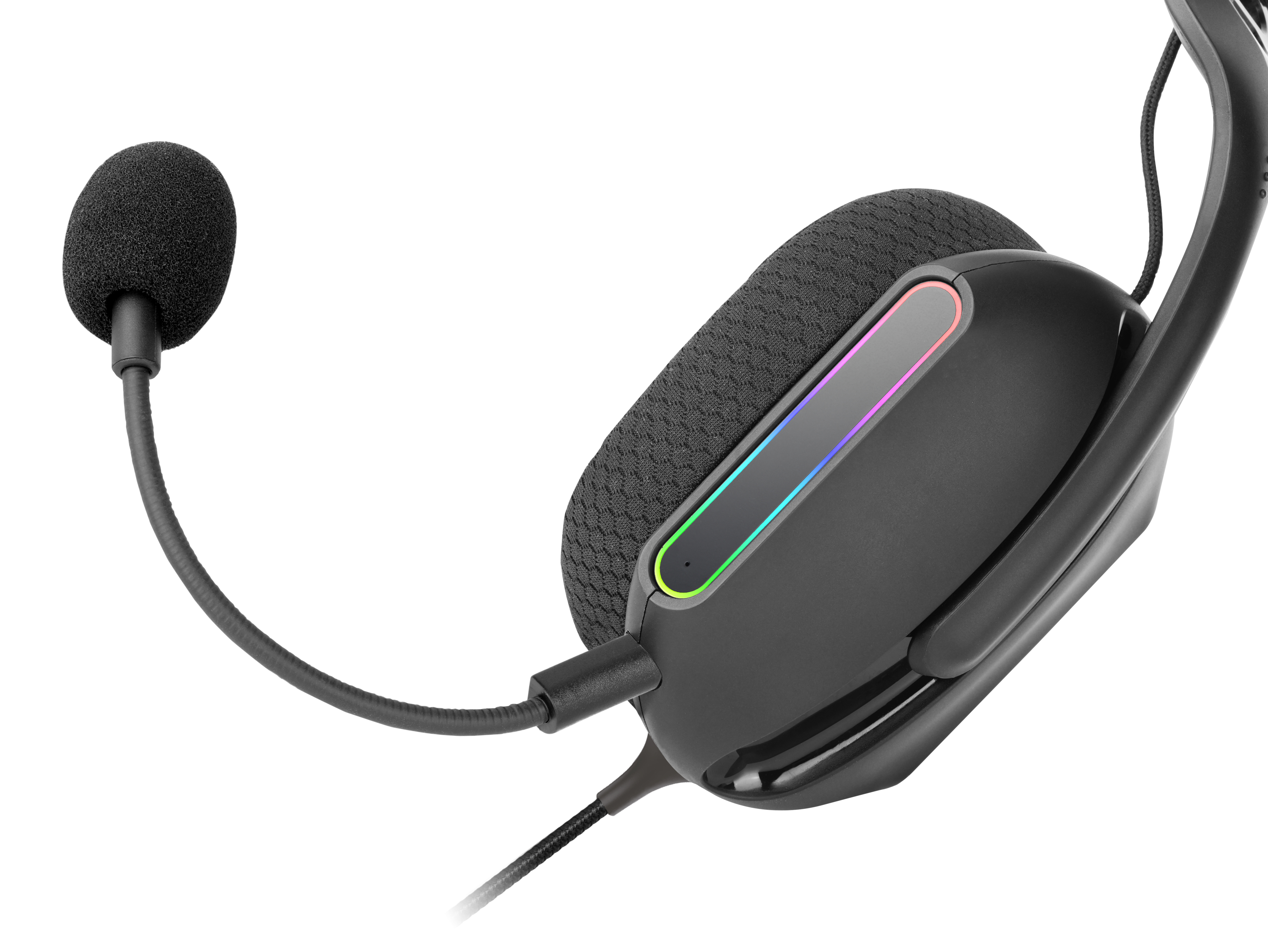 Schwarzes Gaming-Headset mit Mikrofon. Der Ohrmuschel hat eine farbige Lichtleiste. Das Mikrofon befindet sich links.