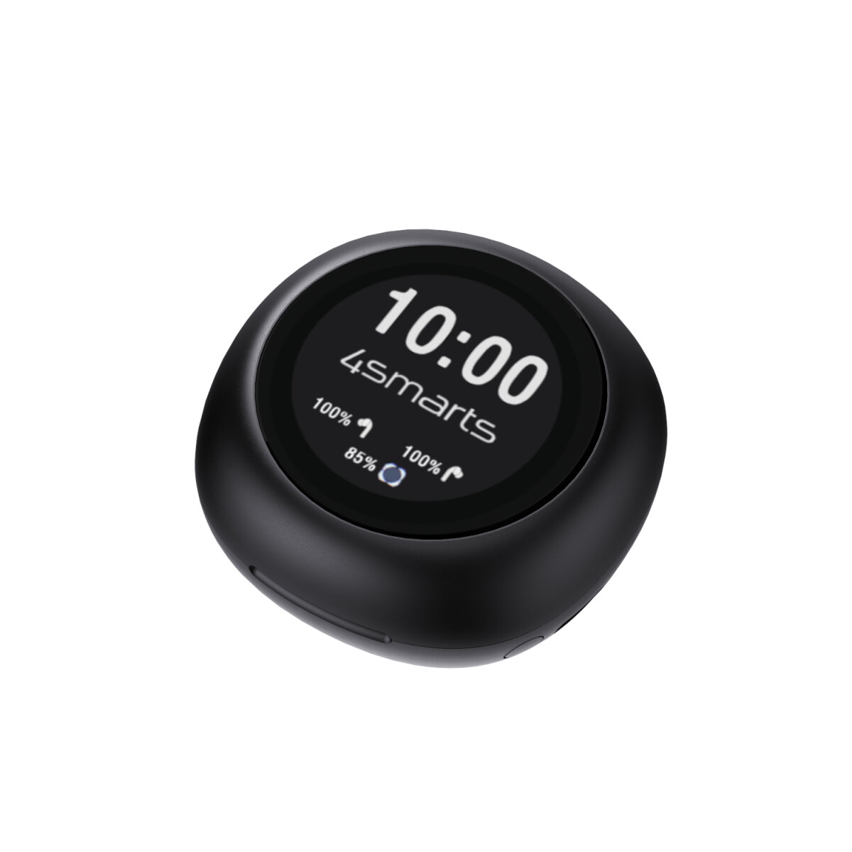 Uno smartwatch nero mostra le 10:00, con il logo 4smarts e indicatori di batteria/connessione su sfondo bianco.