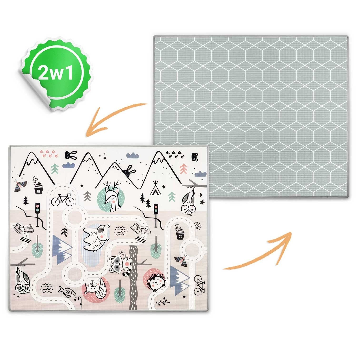 Una alfombra de juego con diseño de carretera e ilustraciones de animales. Una pegatina verde dice 2w1. Se muestra una segunda alfombra con patrón geométrico.
