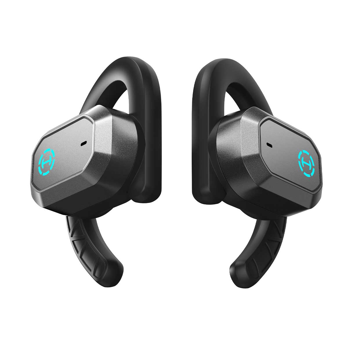 Dwa czarne bezprzewodowe słuchawki z szaro-srebrnymi akcentami i niebieskimi logotypami. Widoczne są haczyki na uszy i obudowy słuchawek.