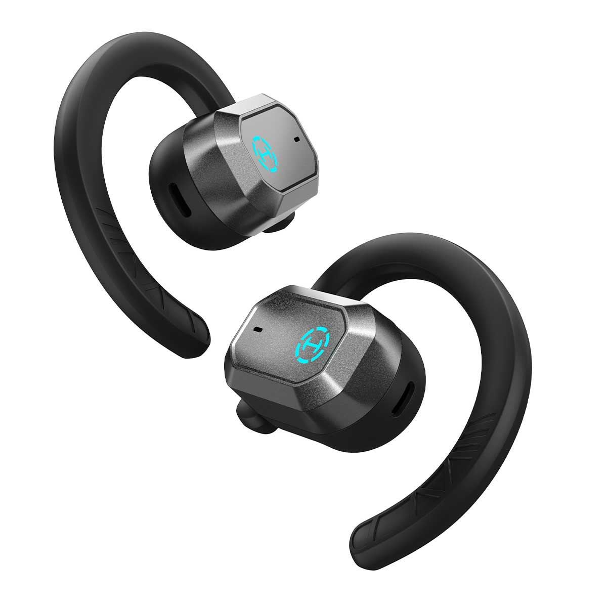 Dwa bezprzewodowe słuchawki z czarnymi zaczepami na uszy, szare słuchawki i niebieskie podświetlane logo na białym tle.