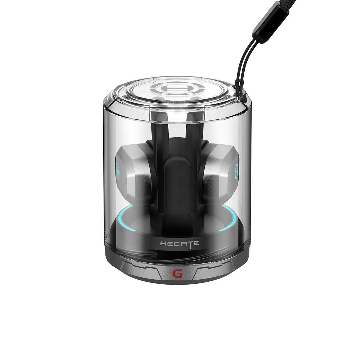 Przezroczysty, cylindryczny głośnik ze srebrnymi słuchawkami w środku. Podstawa jest szara z logo 'HECATE'. Dołączony jest czarny pasek.