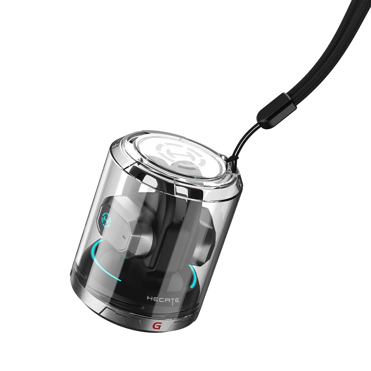 Przezroczyste, cylindryczne etui zawierające słuchawki. Dołączony jest czarny pasek. Etui ma logo i widoczne jest niebieskie światło.