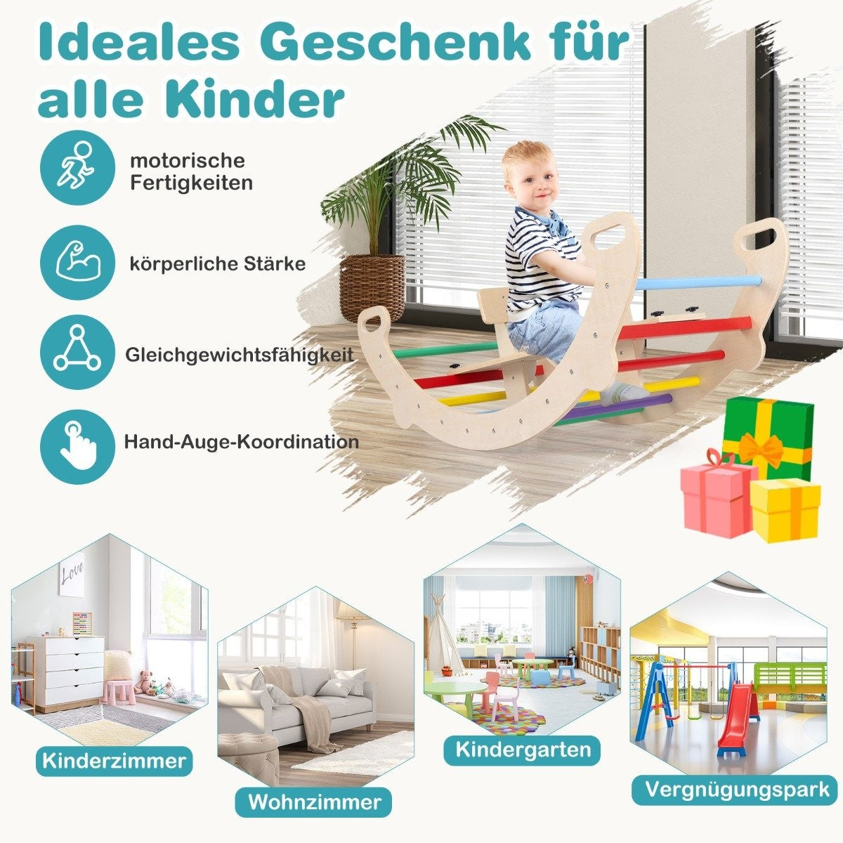 Un niño está sentado en un arco de escalada de madera. La imagen promociona el arco como regalo, mostrándolo con regalos y escenas de habitaciones.