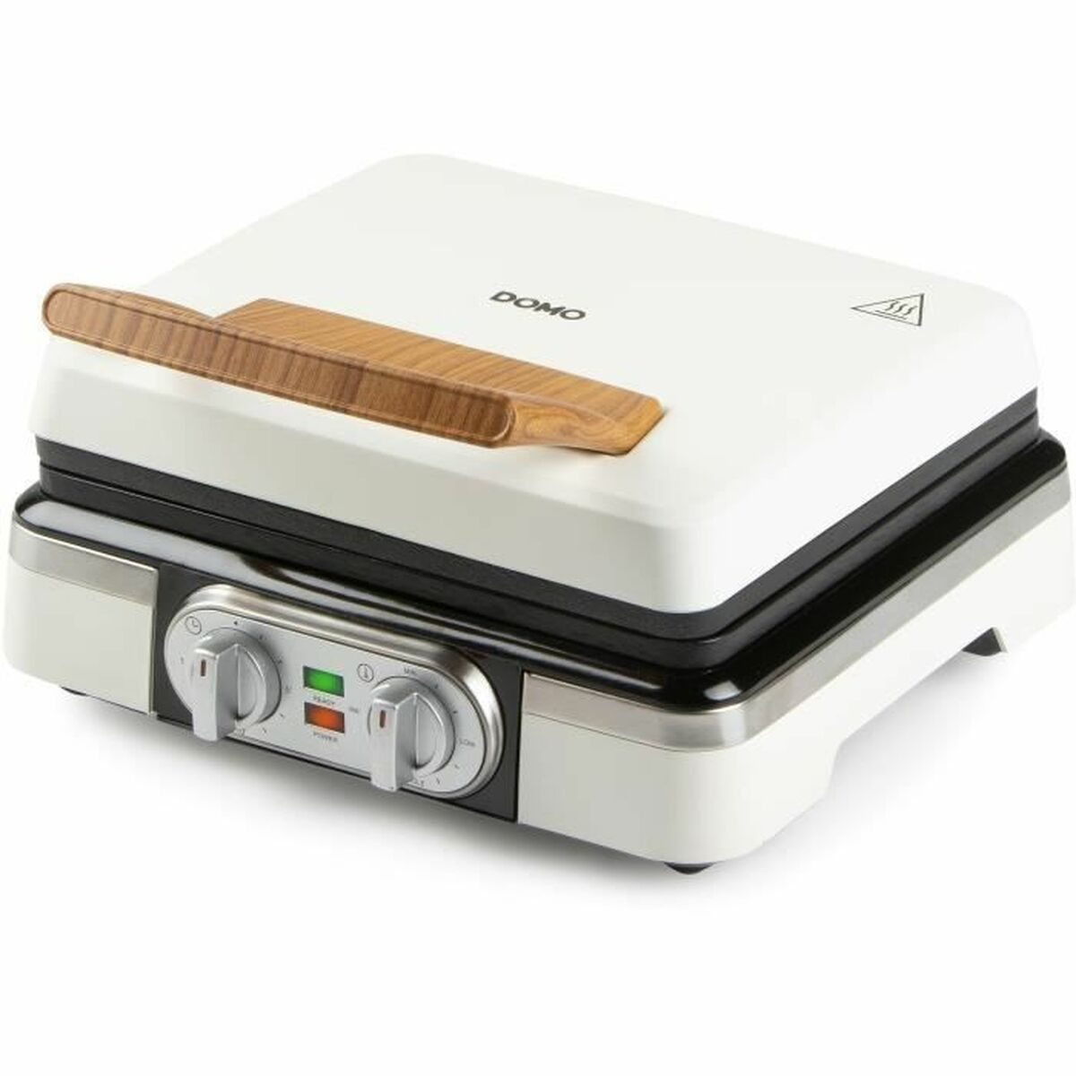 Una sandwichera DOMO bianca e nera con manico in legno. Ha quadranti e spie luminose sul davanti.