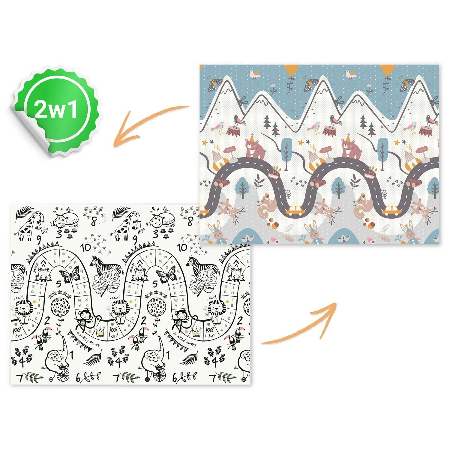 Una alfombra de juego de doble cara. Un lado tiene una carretera y una escena de animales. El otro lado es un juego en blanco y negro con tema de animales.