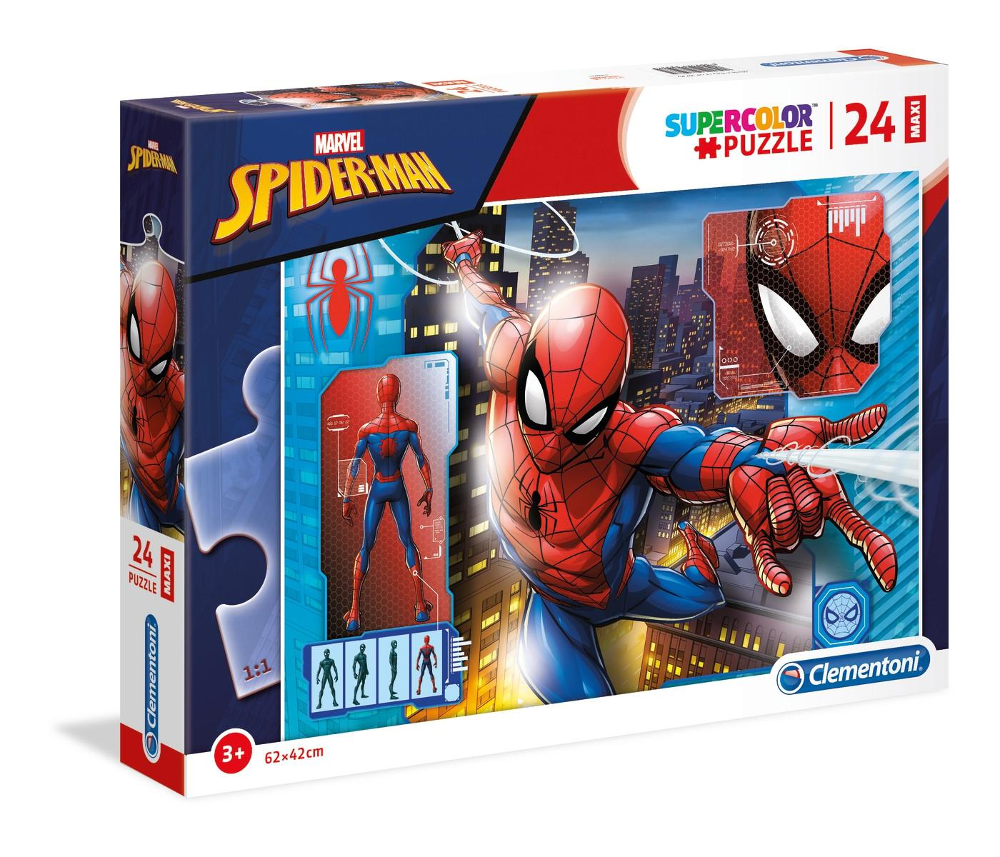 Pudełko z puzzlami Spider-Man. Przedstawia Spider-Mana w akcji, tło miejskie. Zawiera elementy i wiek 3+.