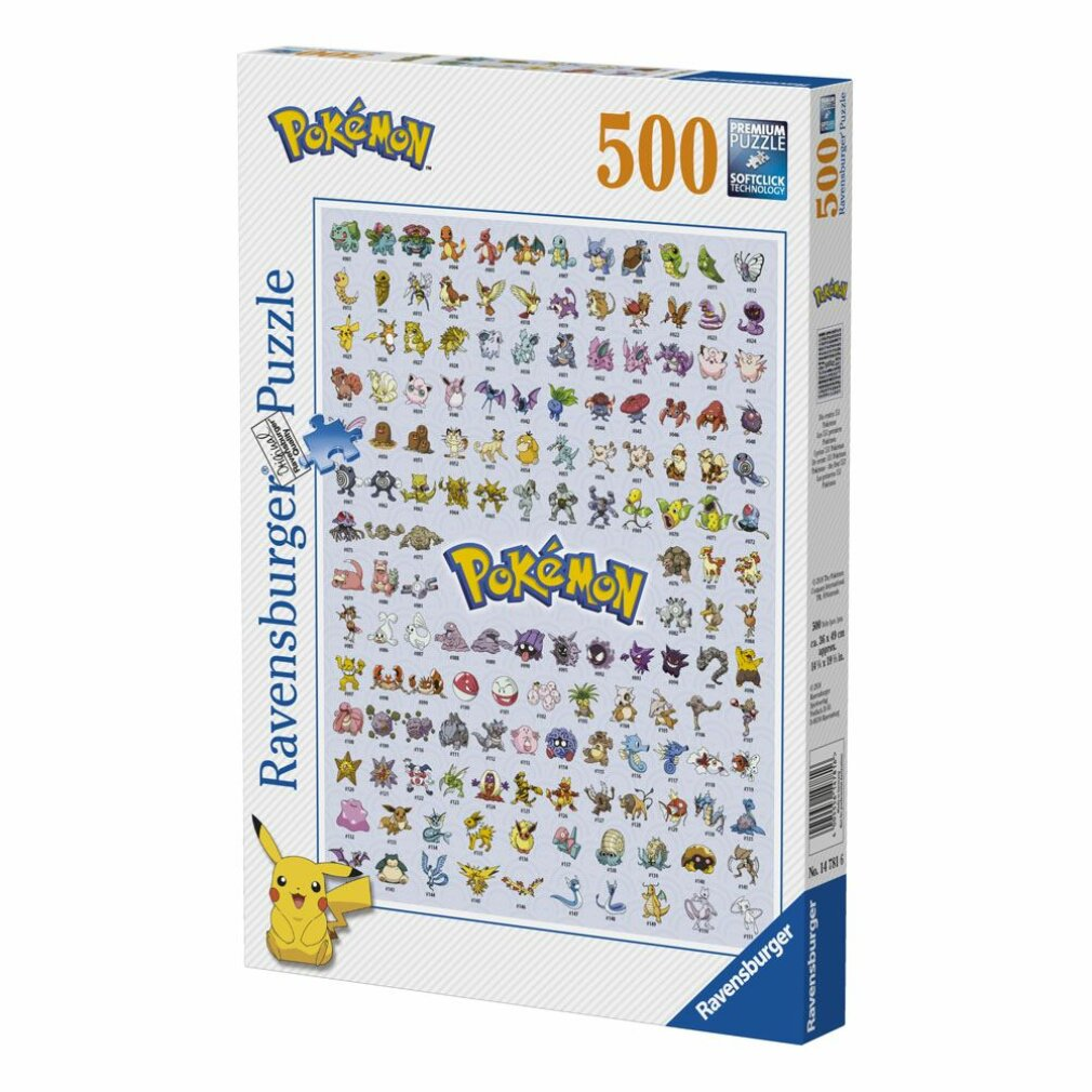 Pudełko puzzli Pokémon Ravensburger 500 elementów. Na pudełku różne postacie Pokémon i marka puzzli.