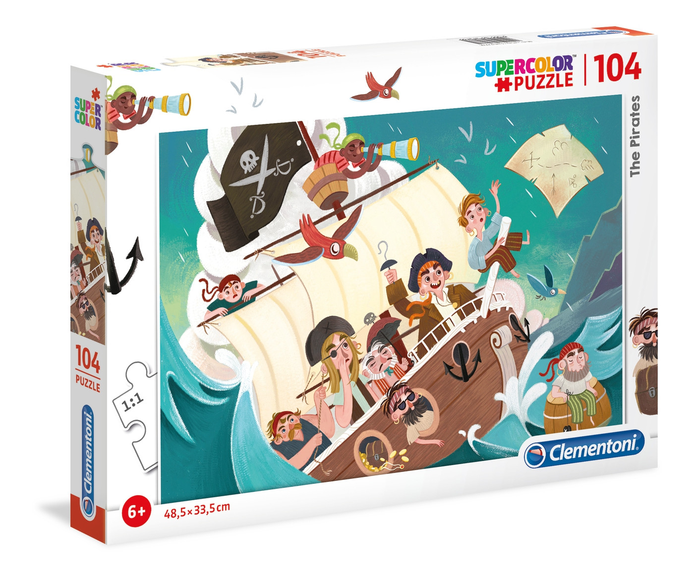 Pudełko z puzzlami przedstawiającymi piratów na statku. Piraci są na statku, fale wokół statku, mapa w tle.