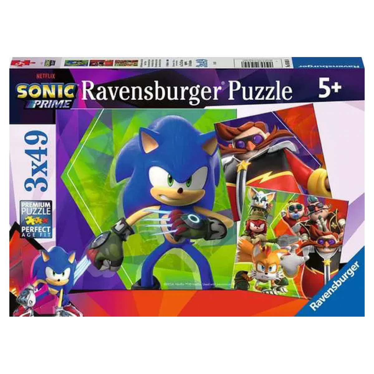Pudełko z puzzlami Sonic. Sonic gotowy. Widoczne inne postacie i elementy układanki. Obecne logo Ravensburger i Netflix Prime.
