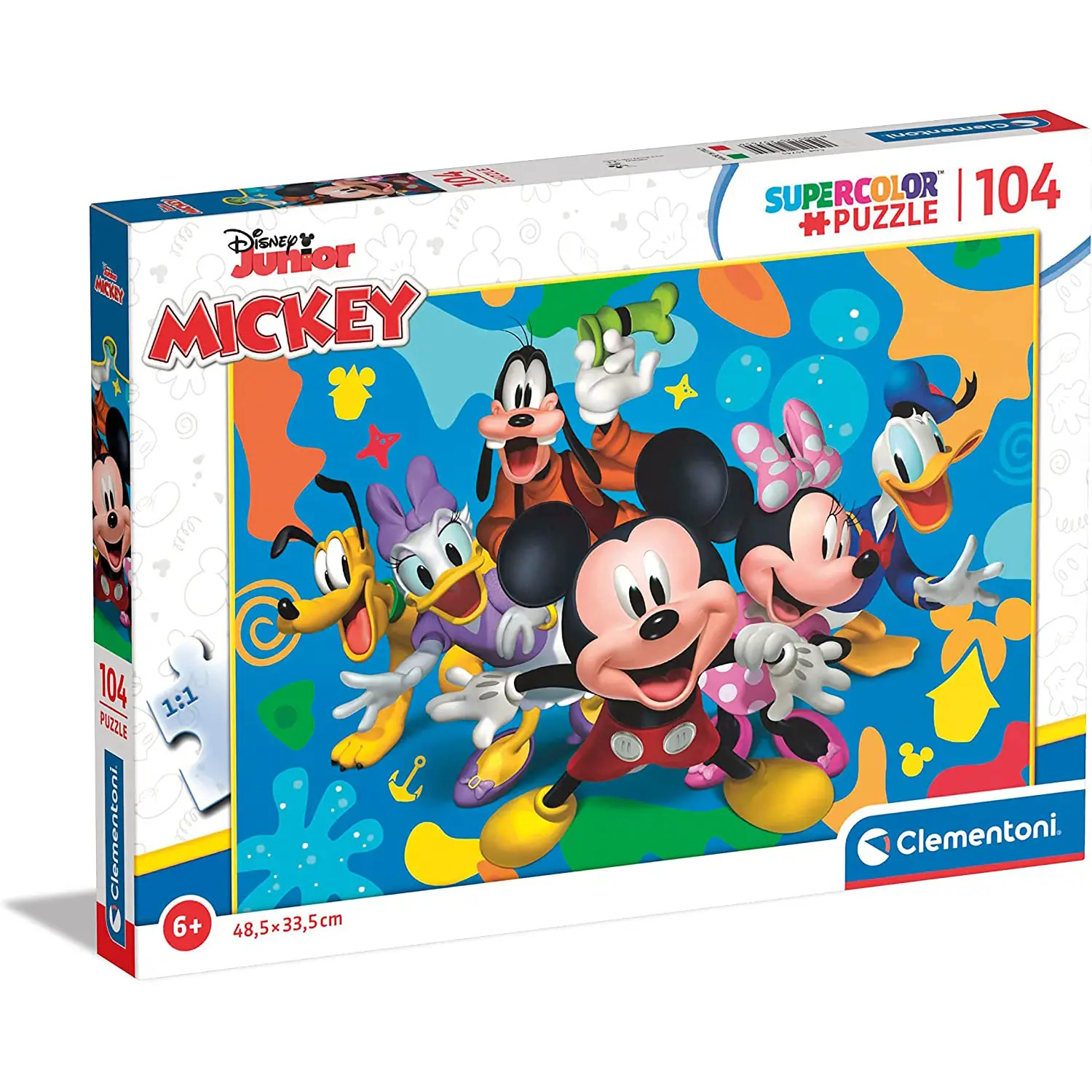Pudełko z puzzlami Myszki Miki. Zawiera Myszka Miki, Minnie, Donald, Daisy, Goofy i Pluto na niebieskim tle.