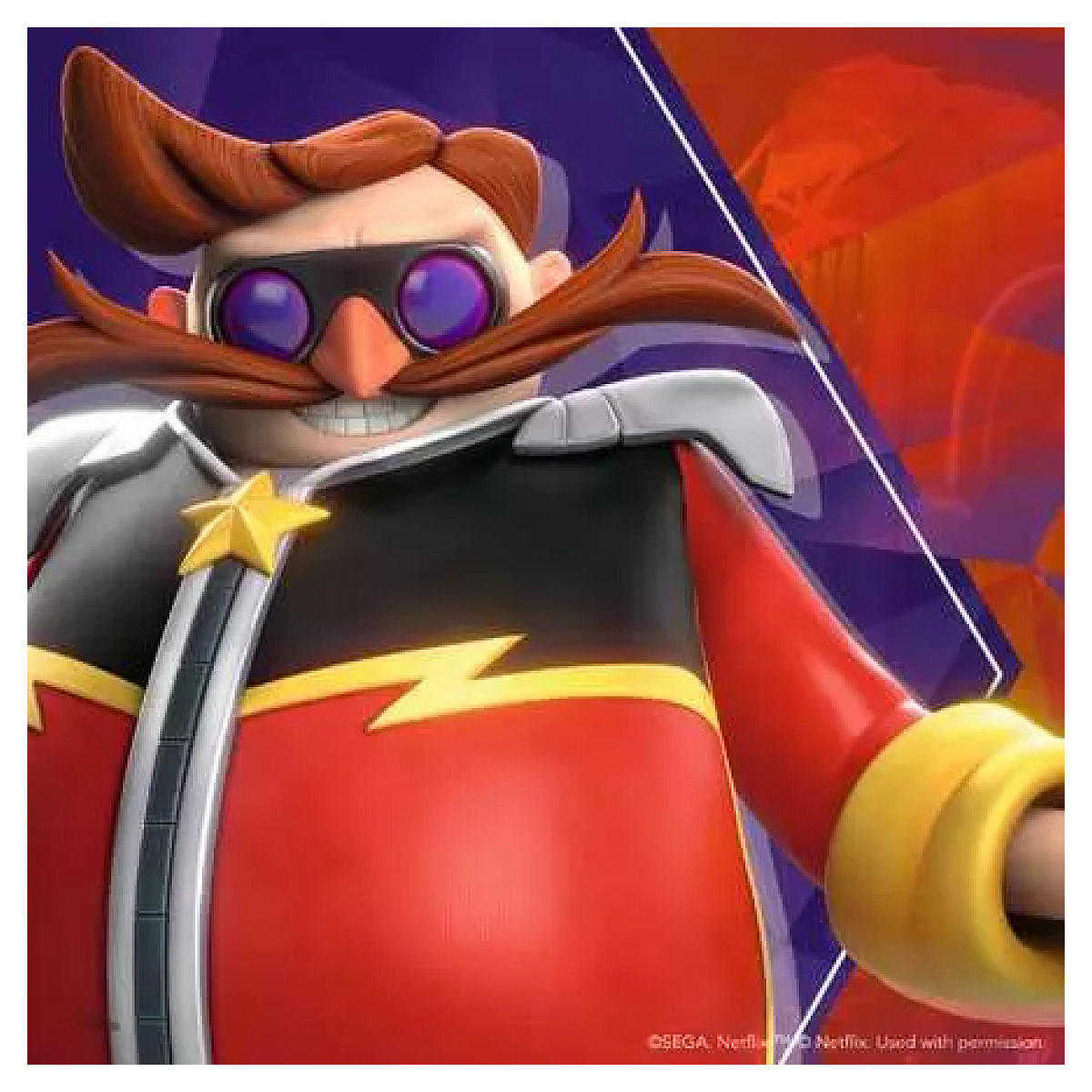 Dr. Eggman z Sonica, w czerwono-czarnym stroju, fioletowych okularach i żółtej gwieździe. Tło jest fioletowe i pomarańczowe.
