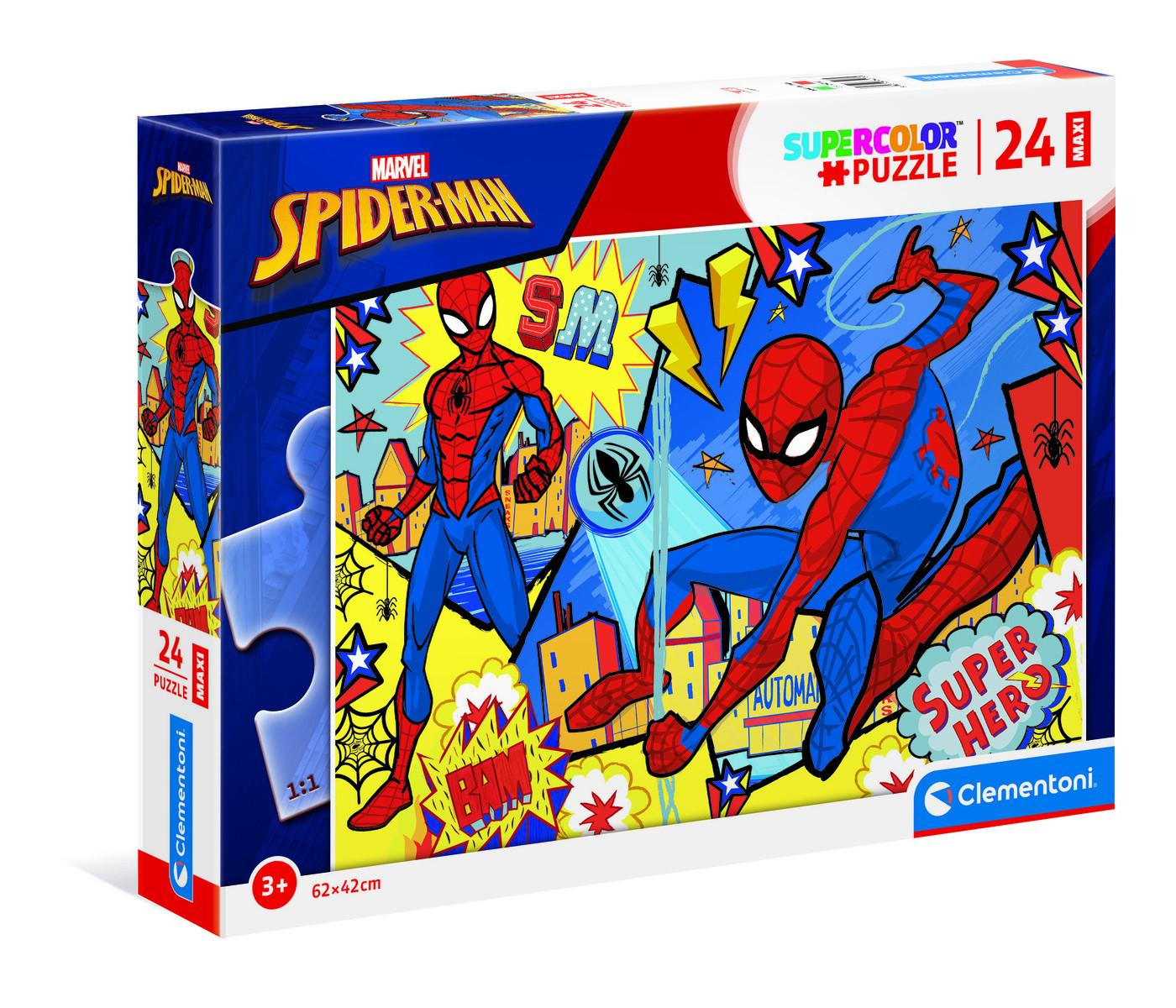 Pudełko z puzzlami Spider-Man. Pokazuje Spider-Mana w akcji. Pudełko jest niebieskie, czerwone i żółte, ze słowami 'Super Hero'.
