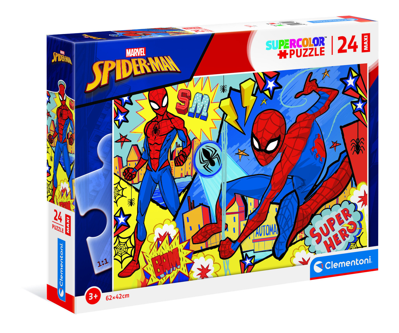 Pudełko z puzzlami Spider-Mana. Pudełko przedstawia Spider-Mana w pozach akcji z komiksowymi tłami, wybuchami i krajobrazami miejskimi.