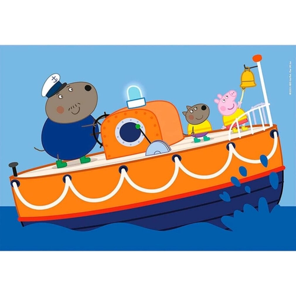 Kreskówkowa łódź z postaciami. Foka steruje. Świnia i dwie inne postacie stoją na pokładzie. Łódź jest pomarańczowa i niebieska, płynie po niebieskiej wodzie.