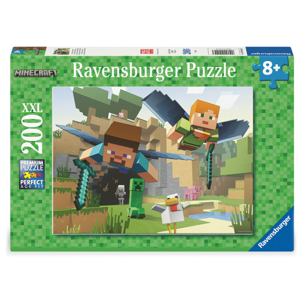 Puzzle Minecraft Ravensburger. Steve i Alex ze skrzydłami latają nad pikselowym krajobrazem z postaciami i zwierzętami.