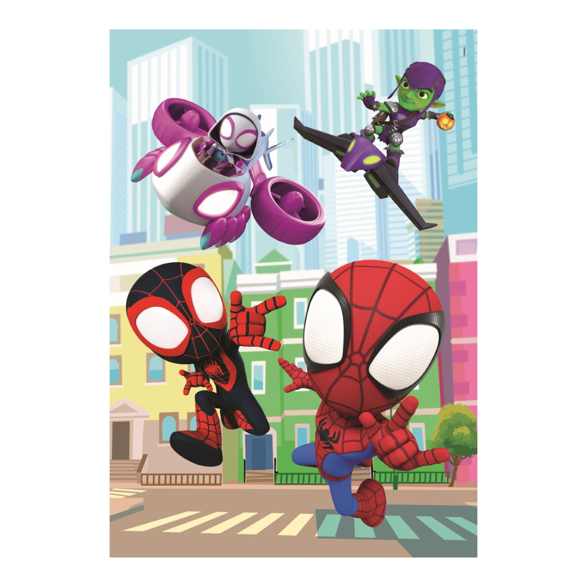 Postacie Spider-Mana w scenerii miejskiej. Spider-Gwen w pojeździe, Zielony Goblin na szybowcu oraz Spider-Man i Miles Morales.