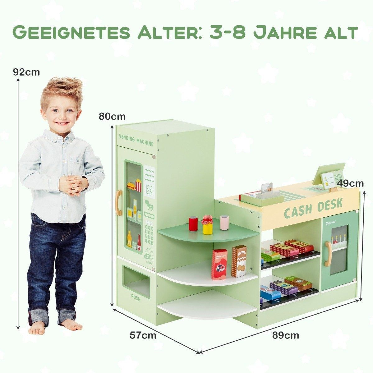 Un niño pequeño está cerca de una tienda de juguetes con una máquina expendedora y una caja registradora. La tienda es verde y tiene estantes llenos de juguetes.