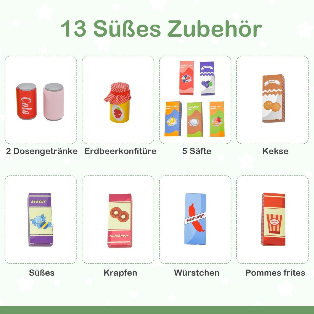La imagen muestra juguetes de comida: latas de Coca-Cola, mermelada, cajas de jugo, galletas, caramelos, donas, salchichas y papas fritas. El texto etiqueta cada artículo.