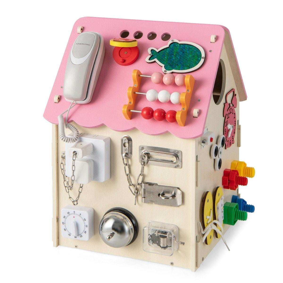 Una casa de juguete de madera con elementos interactivos como ábaco, reloj, teléfono, pestillo y campana, para niños.