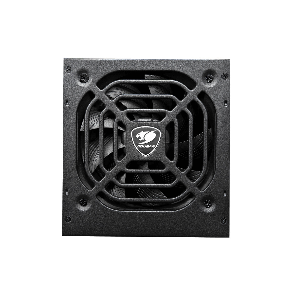 Un alimentatore per computer nero con una ventola dietro una griglia. Il logo Cougar è al centro.