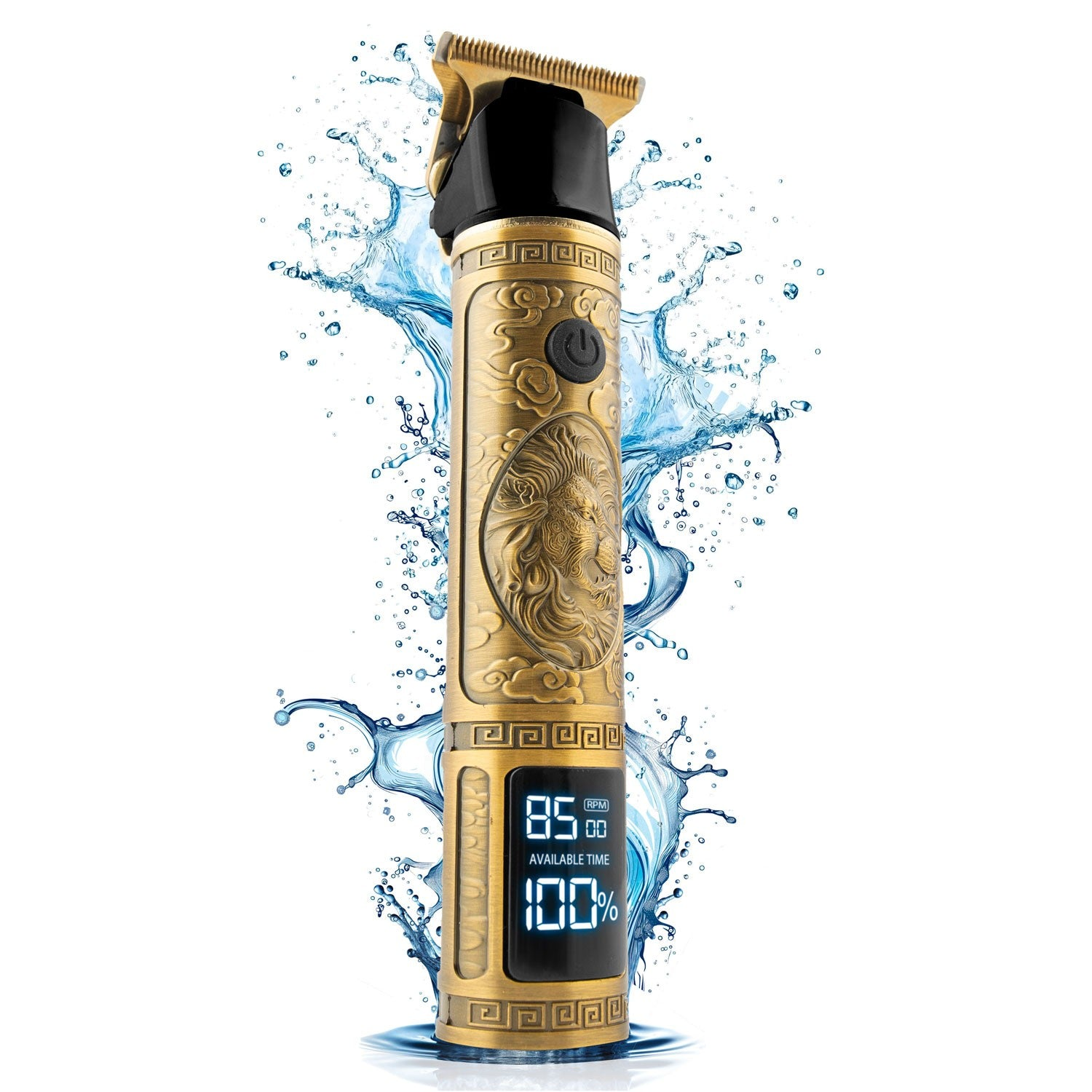 Una cortadora de cabello dorada con diseño de león, rodeada de salpicaduras de agua. Tiene una pantalla digital con batería y velocidad.