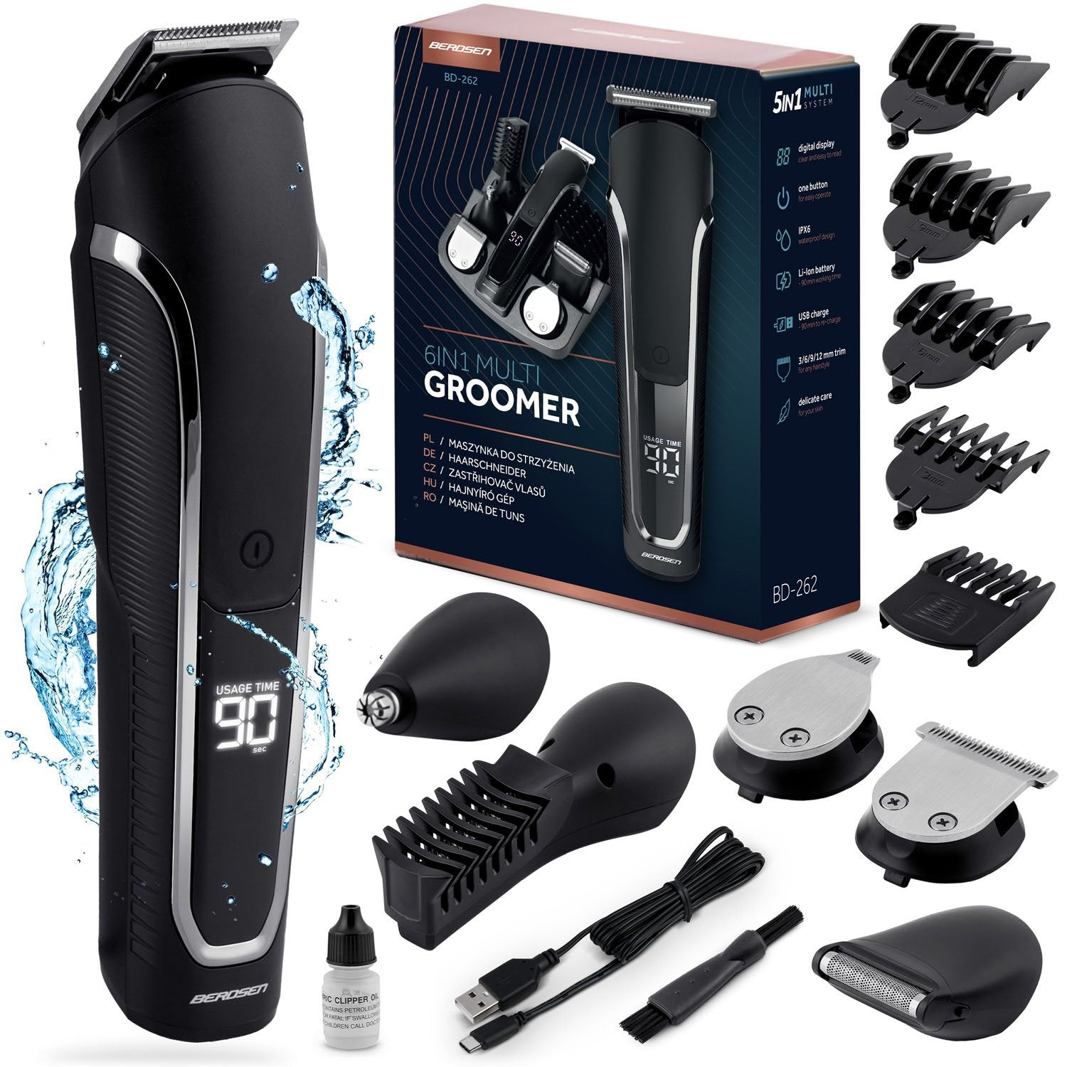 Un kit de aseo negro y plateado con varios accesorios y una pantalla que muestra '90 sec'. Una caja a la derecha.