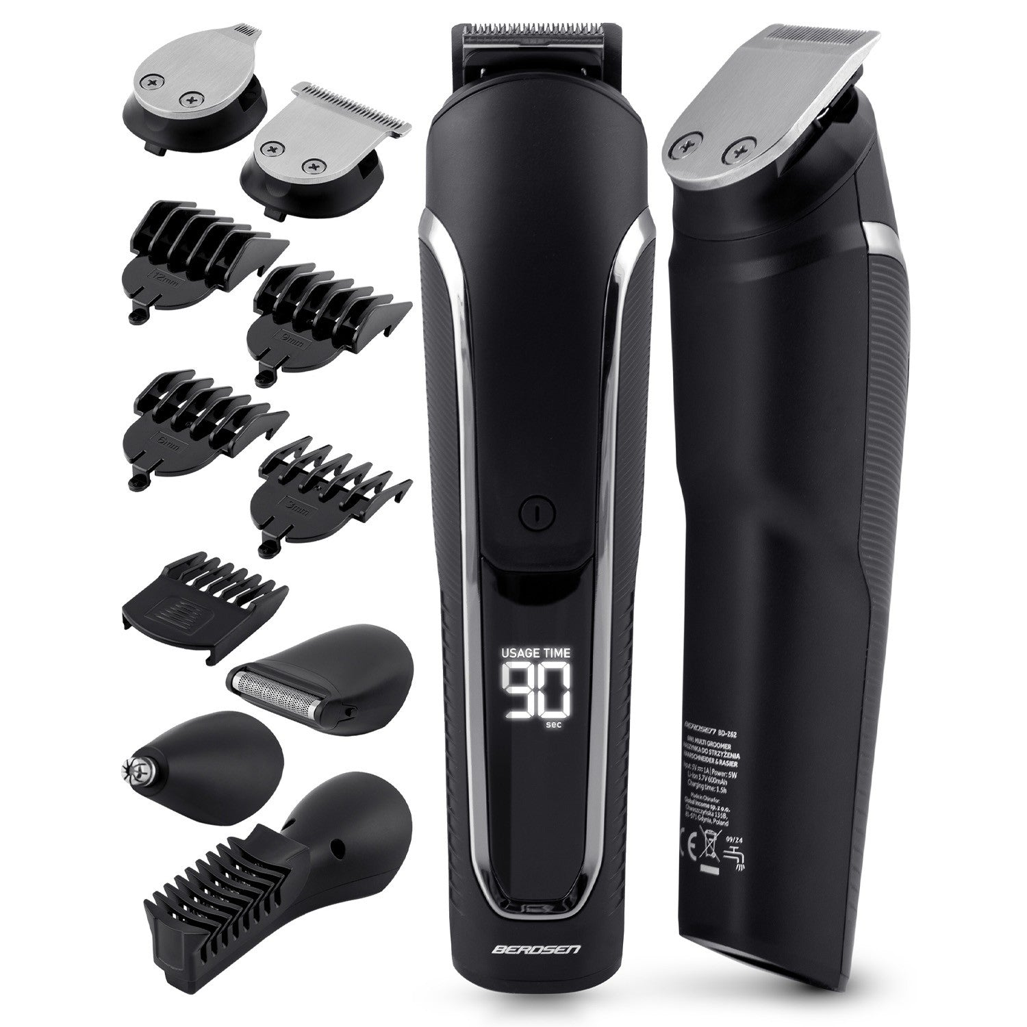 Una recortadora de barba negra y plateada con múltiples accesorios, incluyendo cuchillas y peines, sobre un fondo blanco.