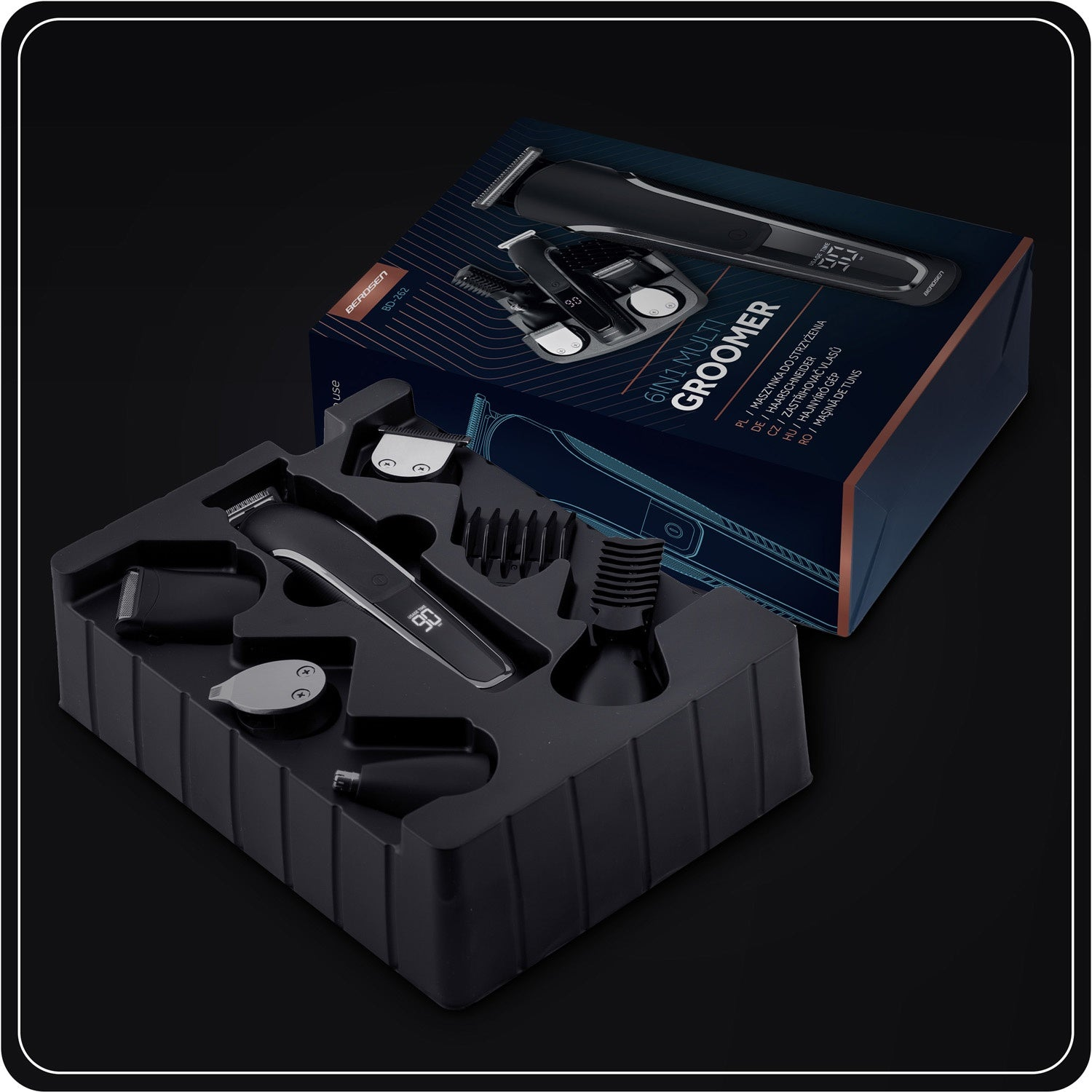 Se muestra un juego de aseo múltiple 6 en 1 negro. El juego incluye un recortador, accesorios y una caja con detalles del producto.