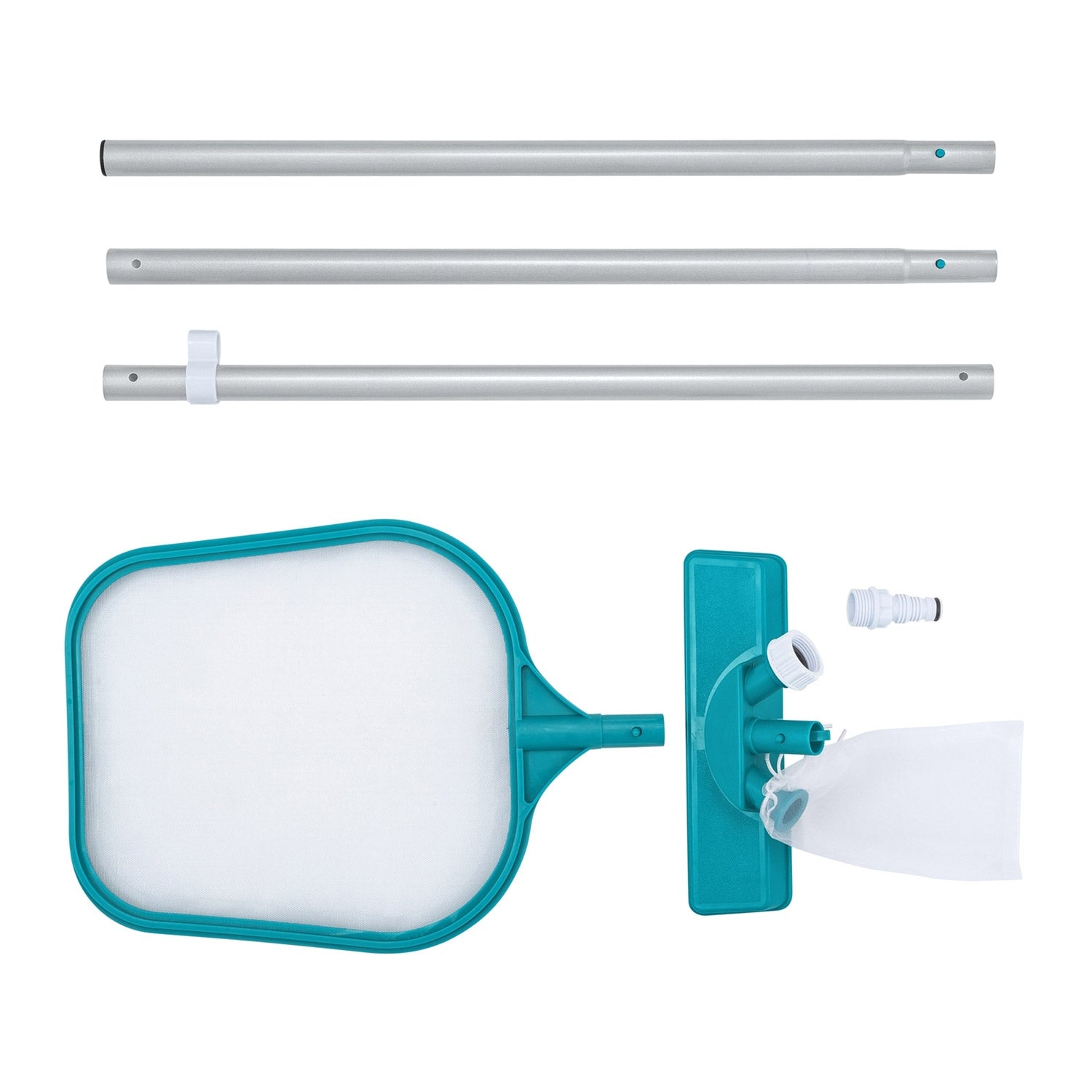 El kit de limpieza de piscinas incluye una red, una bolsa, un conector de manguera y tres postes plateados. Marco turquesa en la red.