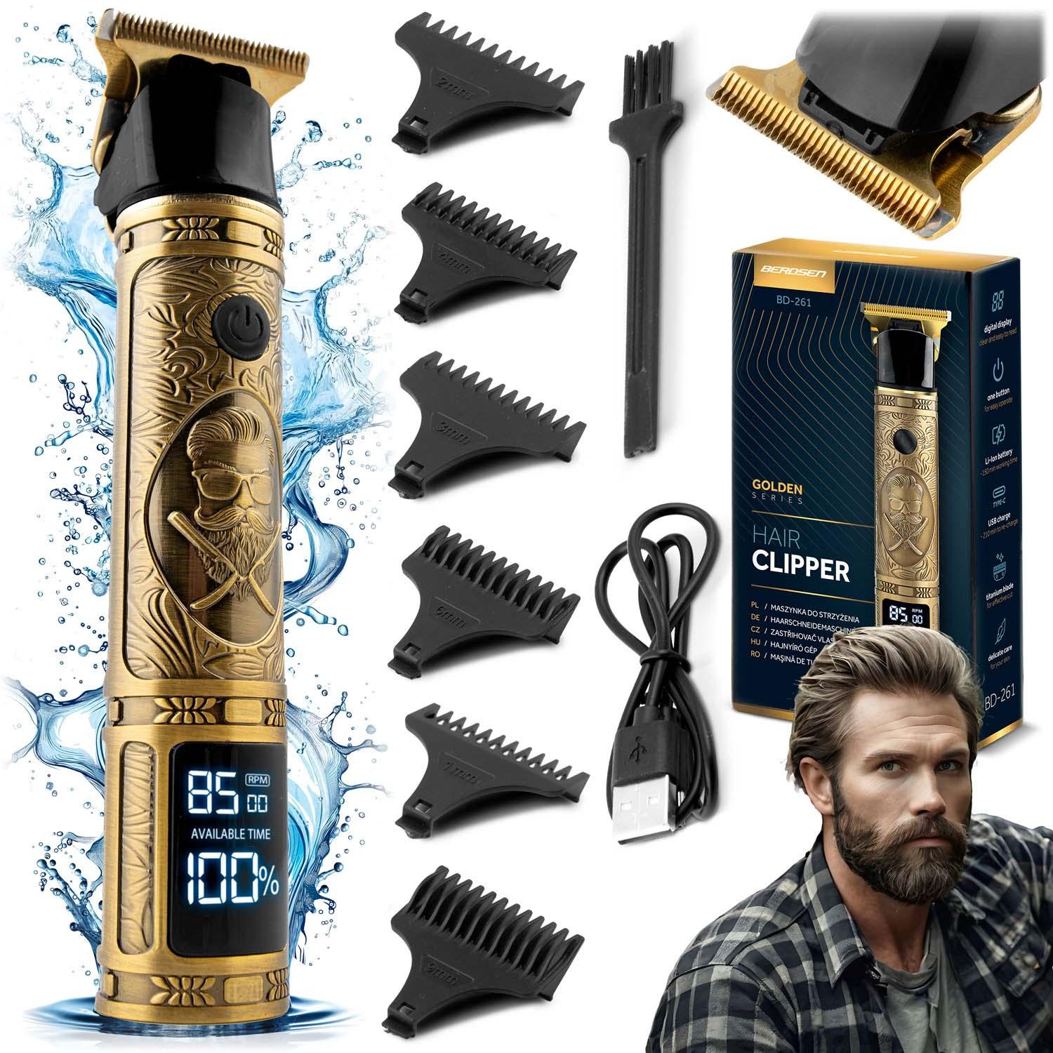 Una recortadora de cabello dorada con accesorios y un hombre con barba. La recortadora muestra batería y RPM.