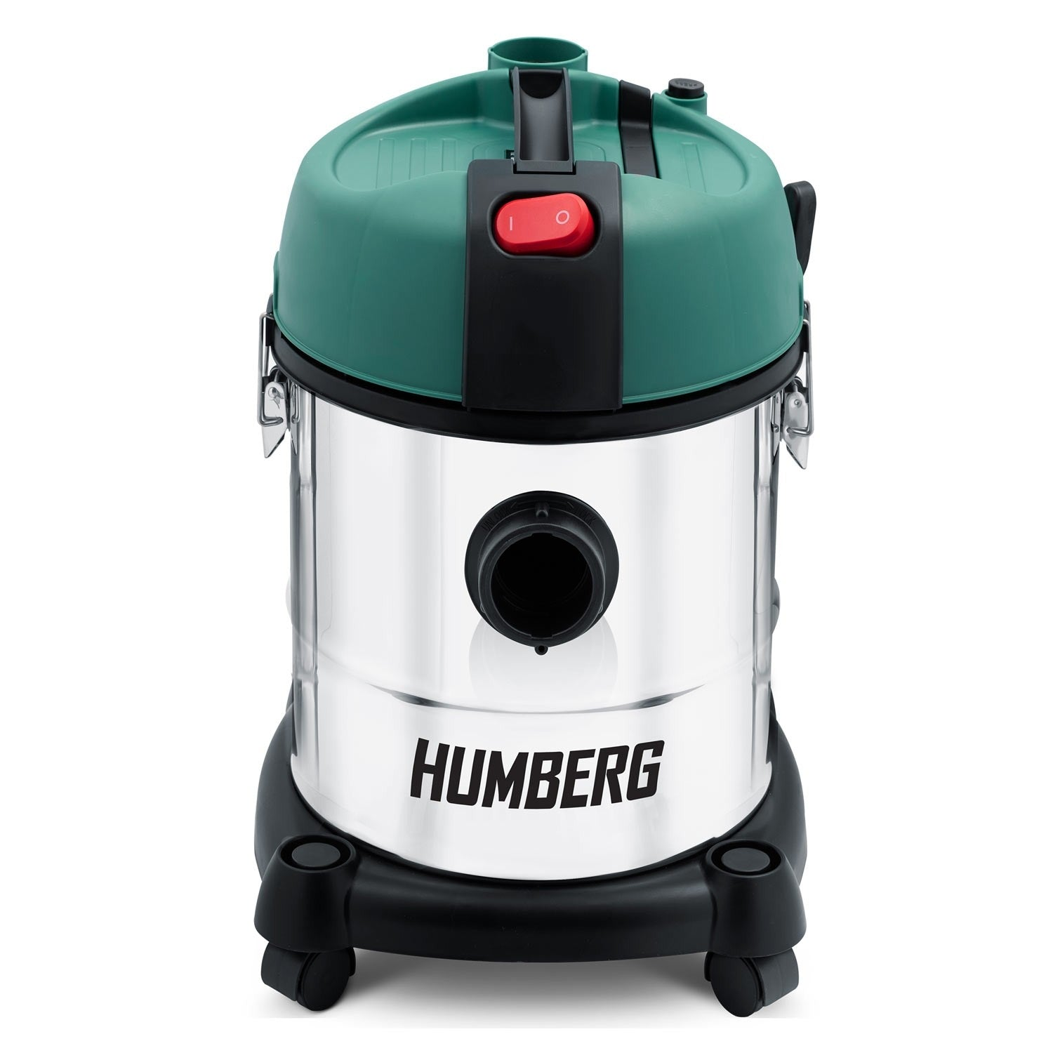 Una aspiradora HUMBERG verde y plateada sobre un fondo blanco. Tiene un botón rojo de encendido y ruedas negras.