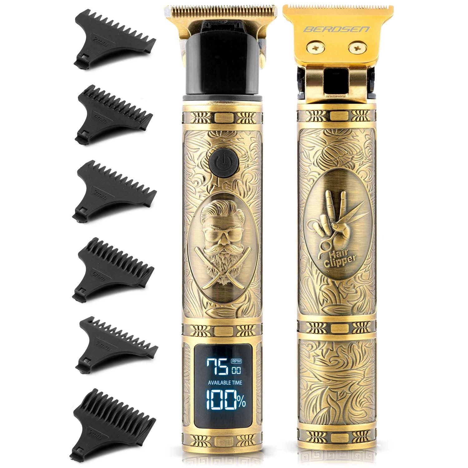 Una cortadora de cabello dorada y negra con accesorios. La cortadora tiene una pantalla digital y un diseño de barba. Viene con varios tamaños de peine.