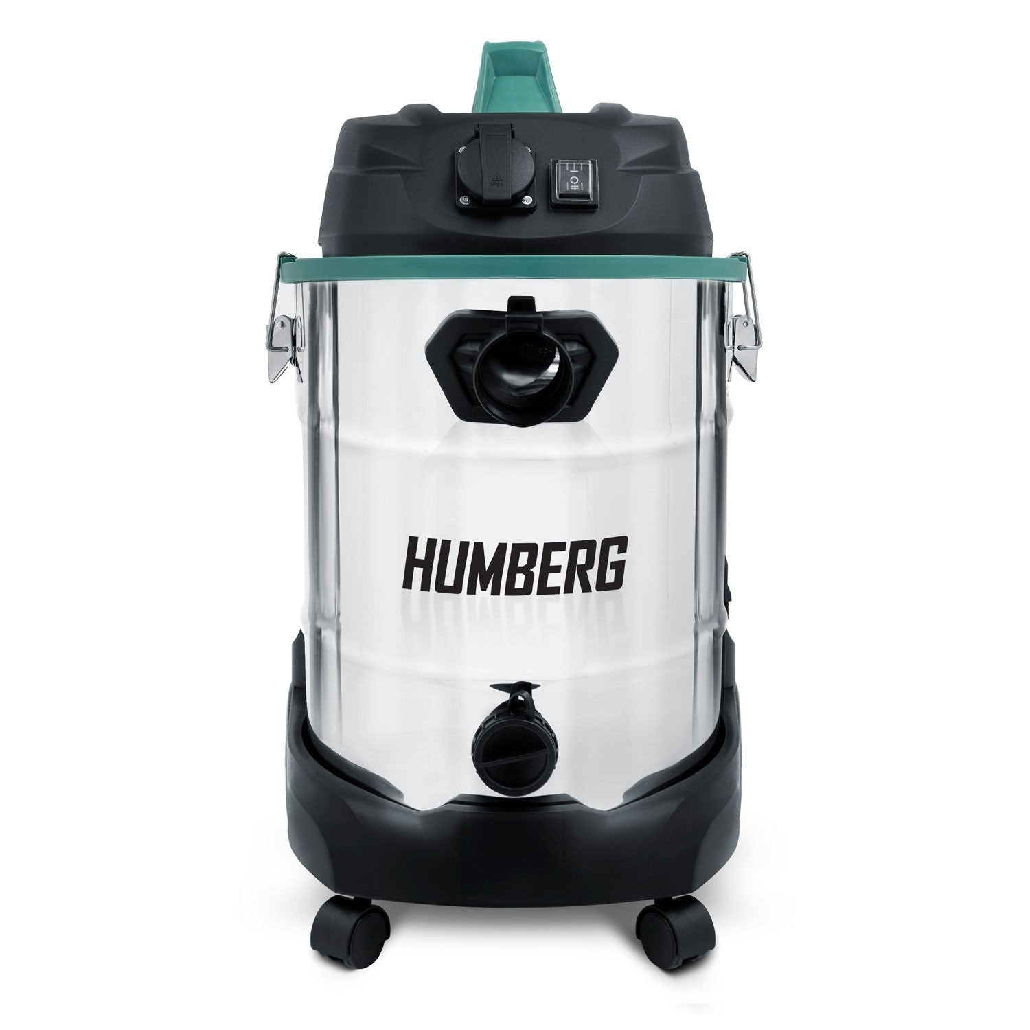 Una aspiradora HUMBERG de acero inoxidable con detalles en negro y verde. Tiene ruedas, un asa y un panel de interruptores negro.