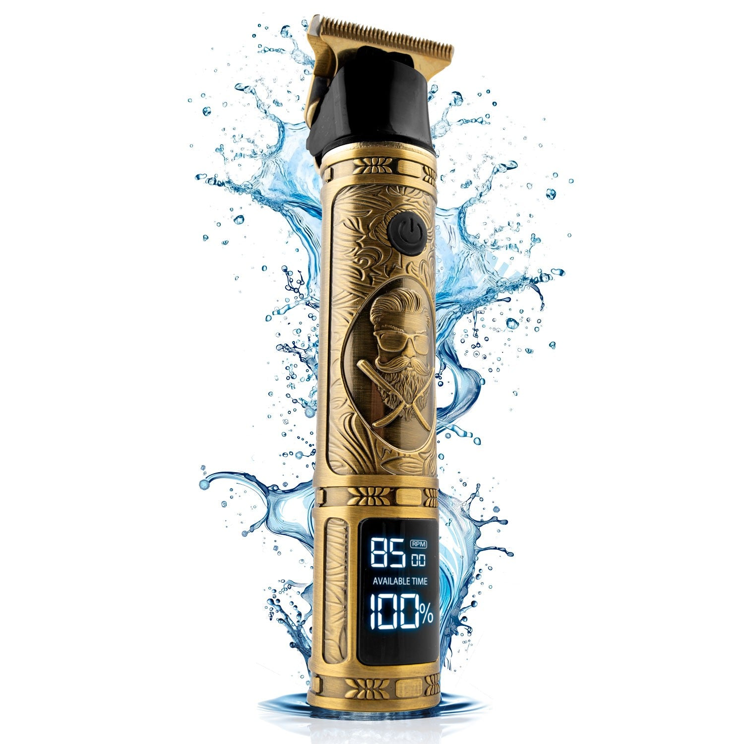 Una cortadora de pelo dorada y negra con una pantalla digital. Salpicaduras de agua rodean la cortadora, fondo blanco.
