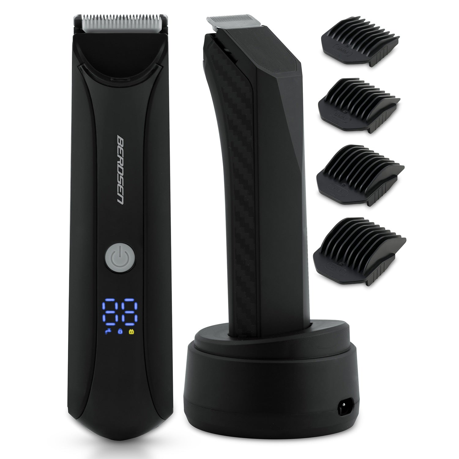Una recortadora de barba negra con base de carga y varios accesorios. La recortadora tiene una pantalla digital y la marca 'BERDSEN'.